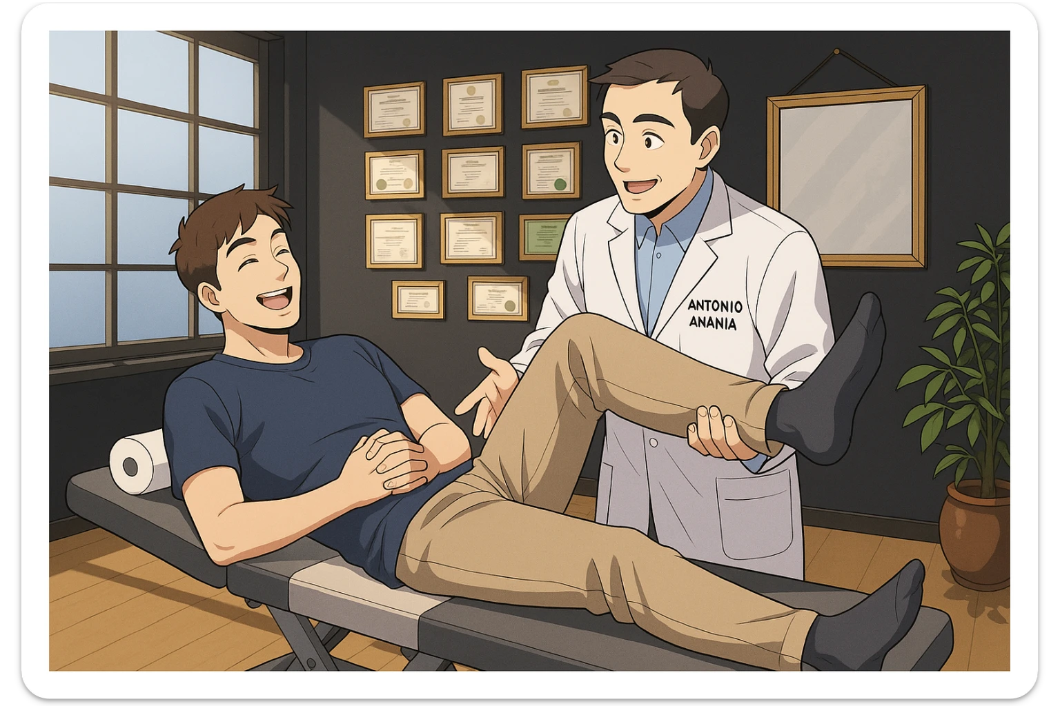 su questo lettino rappresenta un webtoon manga a colori con questo stile, in cui un uomo è steso sul lettino medico e il kinesiologo con il camice bianco (fagli anche la scritta "ANTONIO ANANIA" SUL CAMICE, gli solleva una gamba per fargli il test neuromuscolare, IL KINESIOLOGO SPIEGA ALL'UOMO UNA cosa mentre gli alza la gamba. l'espressione dell'uomo è felice e soddisfatta, non fare i fumetti però, fai solo in modo che sembri stiano parlando sticker