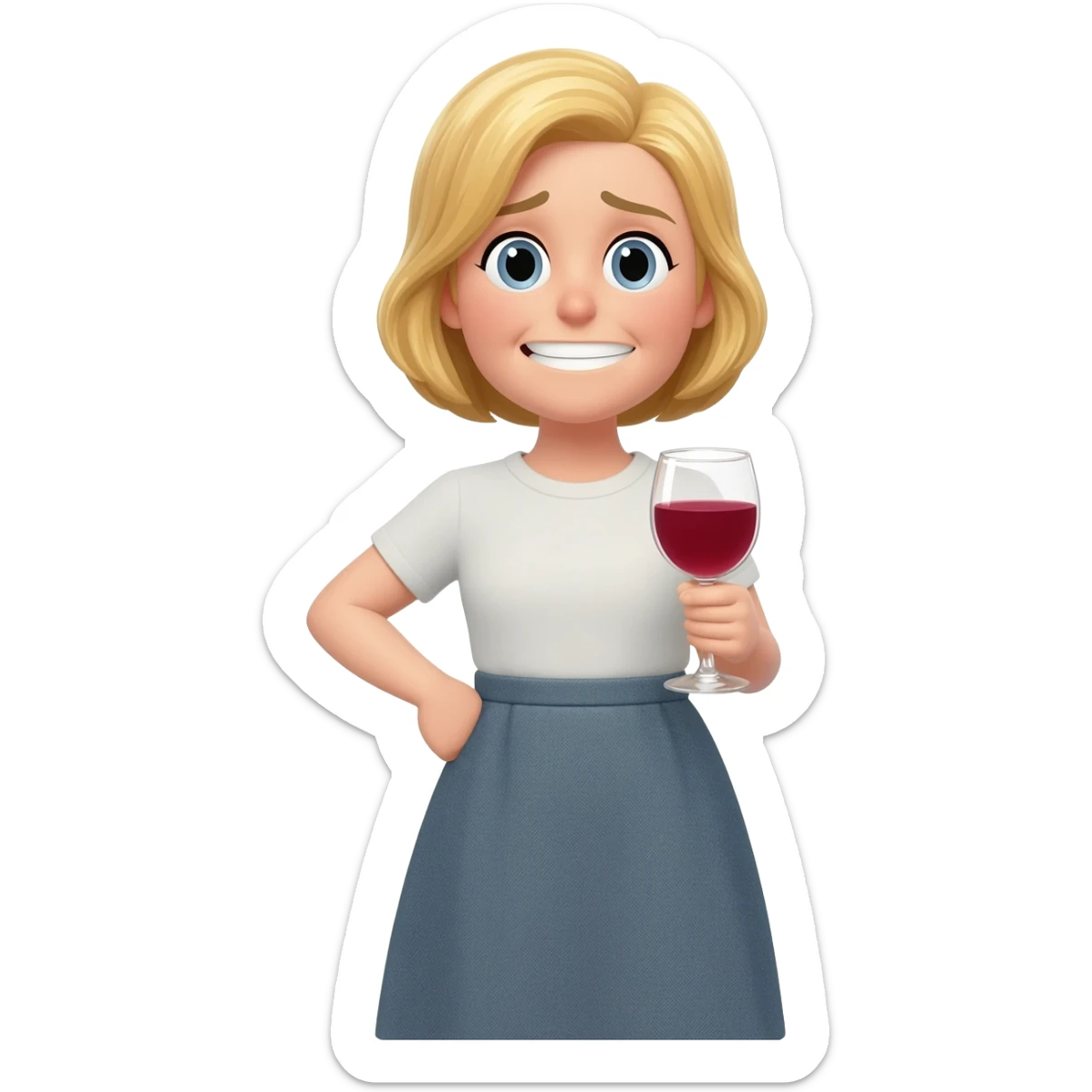 Happy girl, blond girl, mum, party vibe with ha skirt, with a glass of red wine and tired sticker
