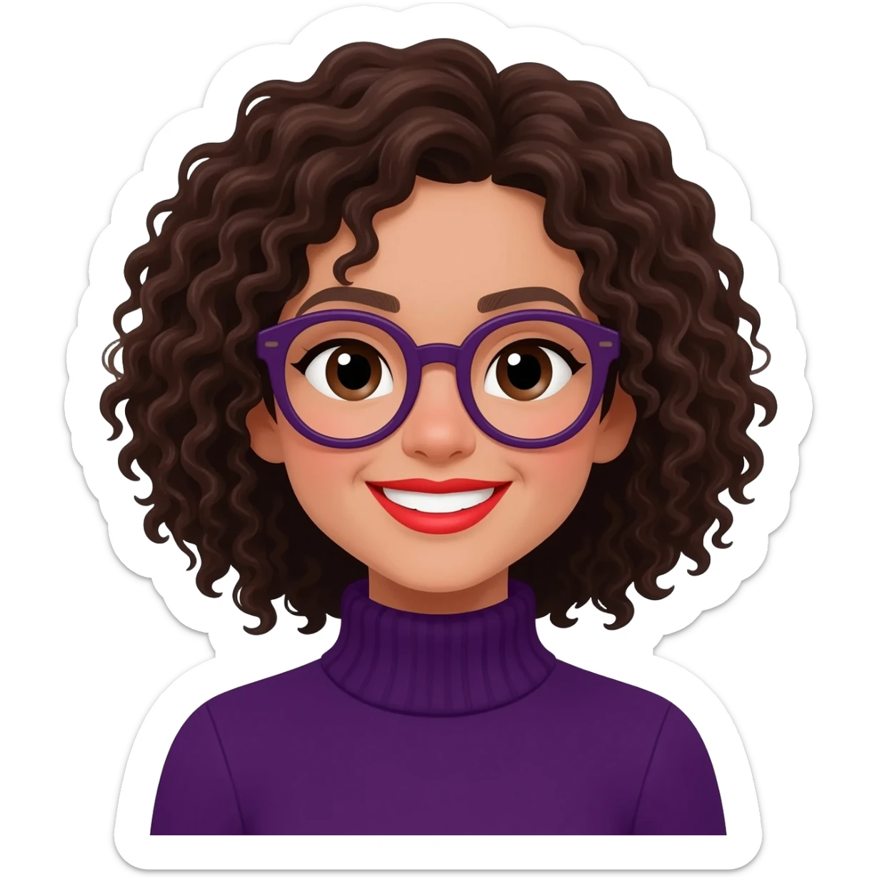 fair-skinned girl with brownish black eyes, roundish ovalish dark purple glasses, curly dark brown hair, purple turtle neck sweater, smiley red lips sticker