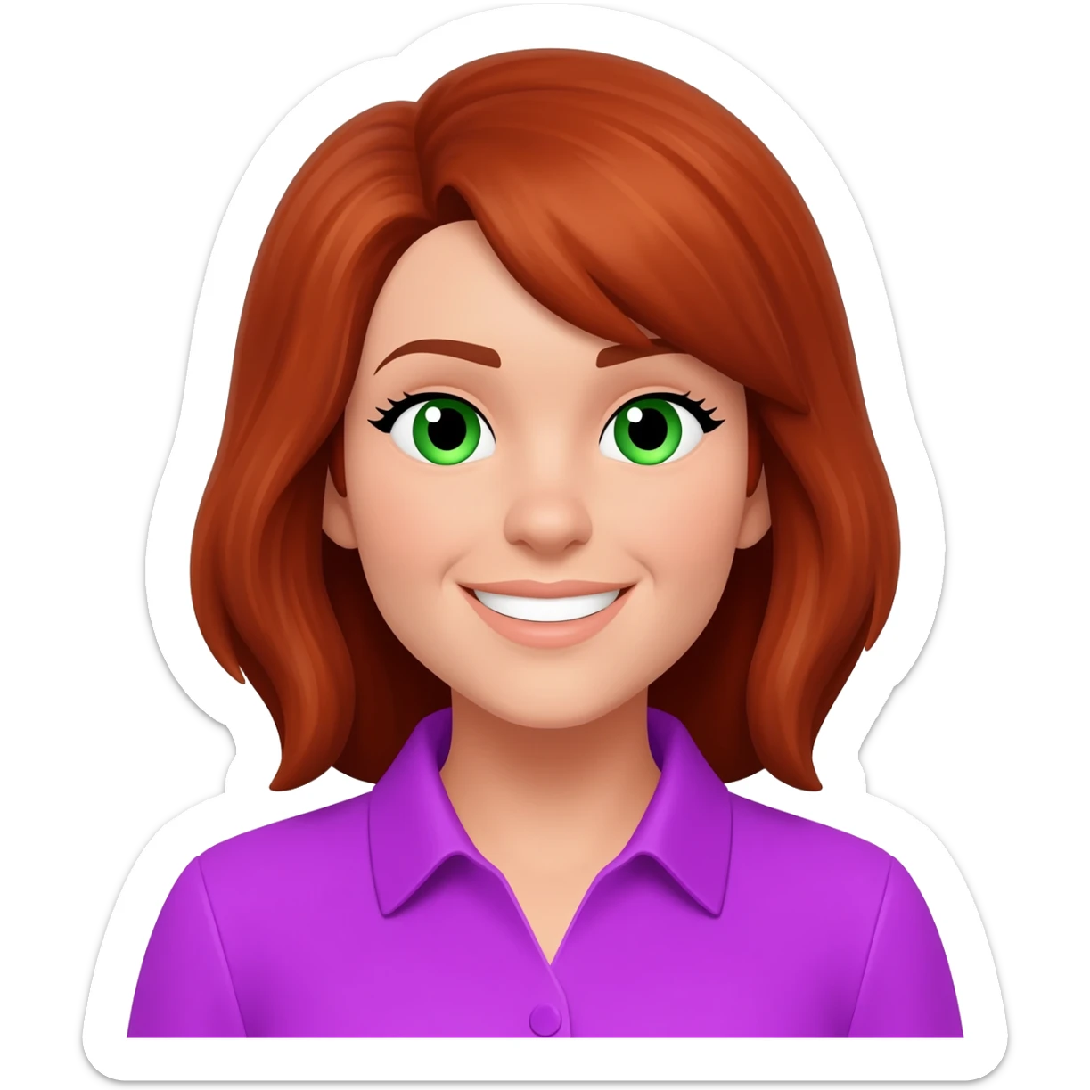 Tan Woman with  medium red brown hair and green eyes and purple shirt smiling sticker