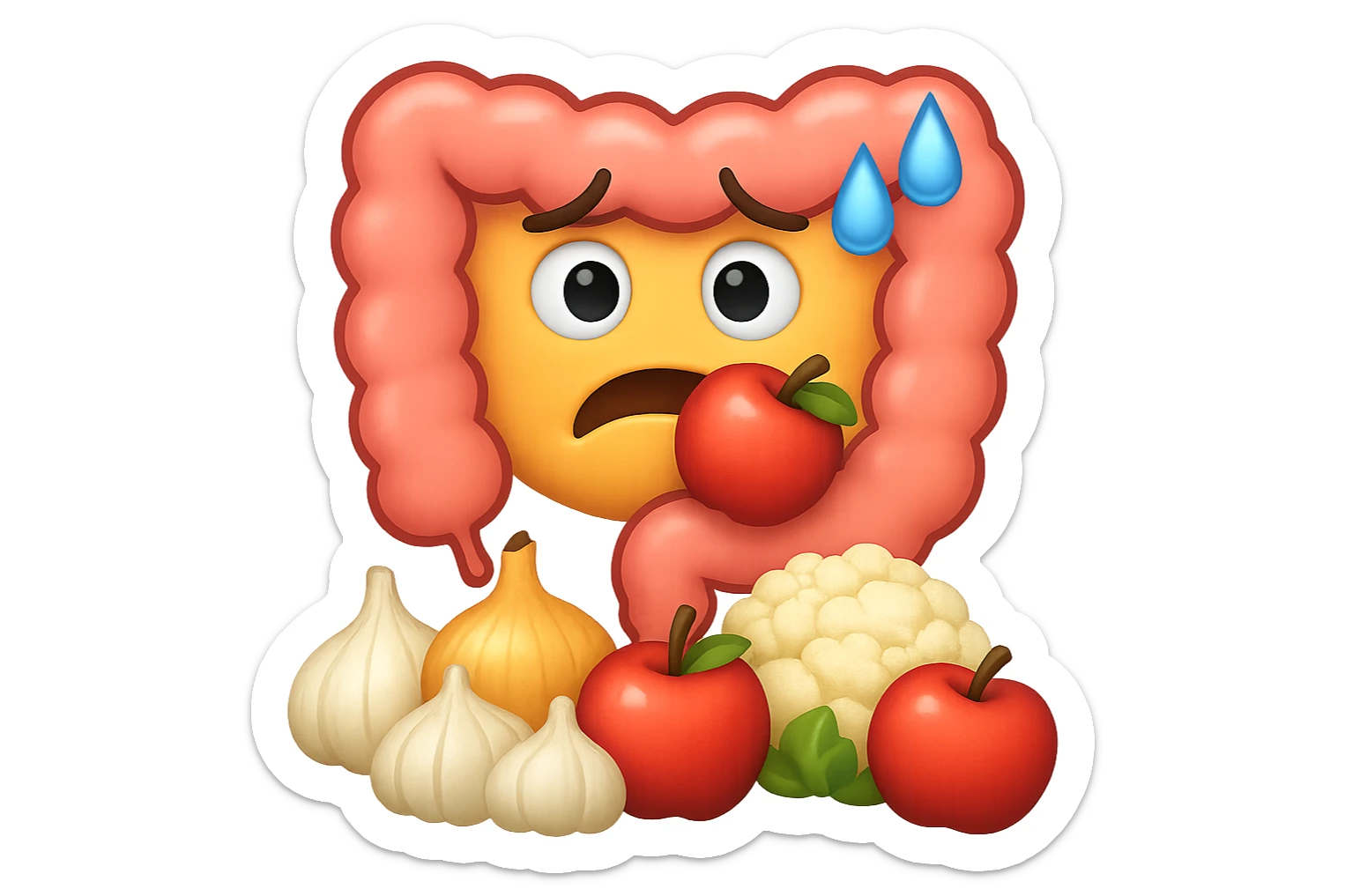 EMOJI STILE IPHONE DI UN INTESTINO UMANO IN CRISI PERCHé STA MALE, IN BOCCA HA UNA MELA E DAVANTI A LUI C'è UNA MONTAGNA DI aglio, cipolle, cavolfiore e mele sticker
