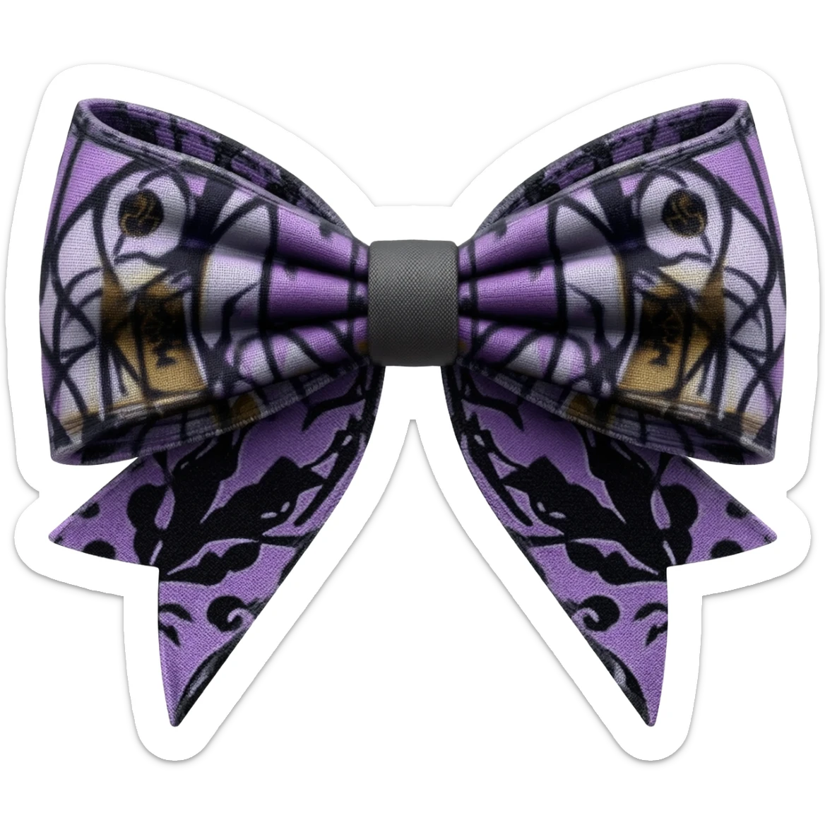 Hyperrealistic, highly detailed fabric   bow in beautiful whimsical gothic pattern print and color scheme, isolated, 3d rendering, 8k, 600 dpi sticker