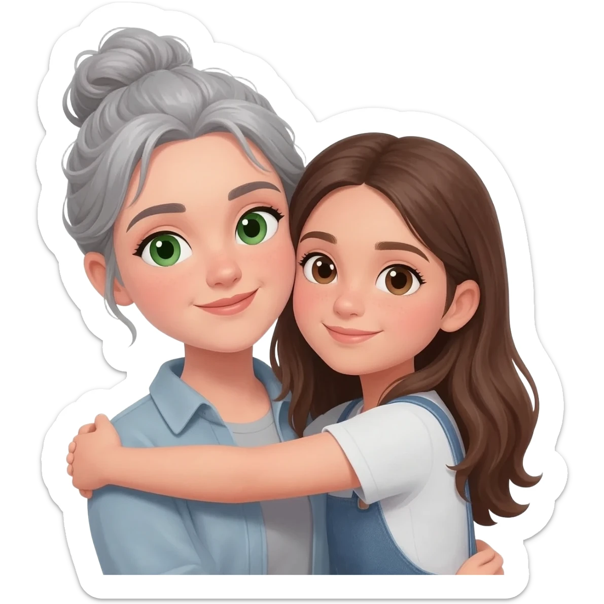 MUJER JOVEN, PELO GRIS, MOÑO INFORMAL DESPEINADO, OJOS VERDES  Y CARA OVALADA ABRAZA A NIÑA ADOLESCENTE MORENA PELO LARGO sticker