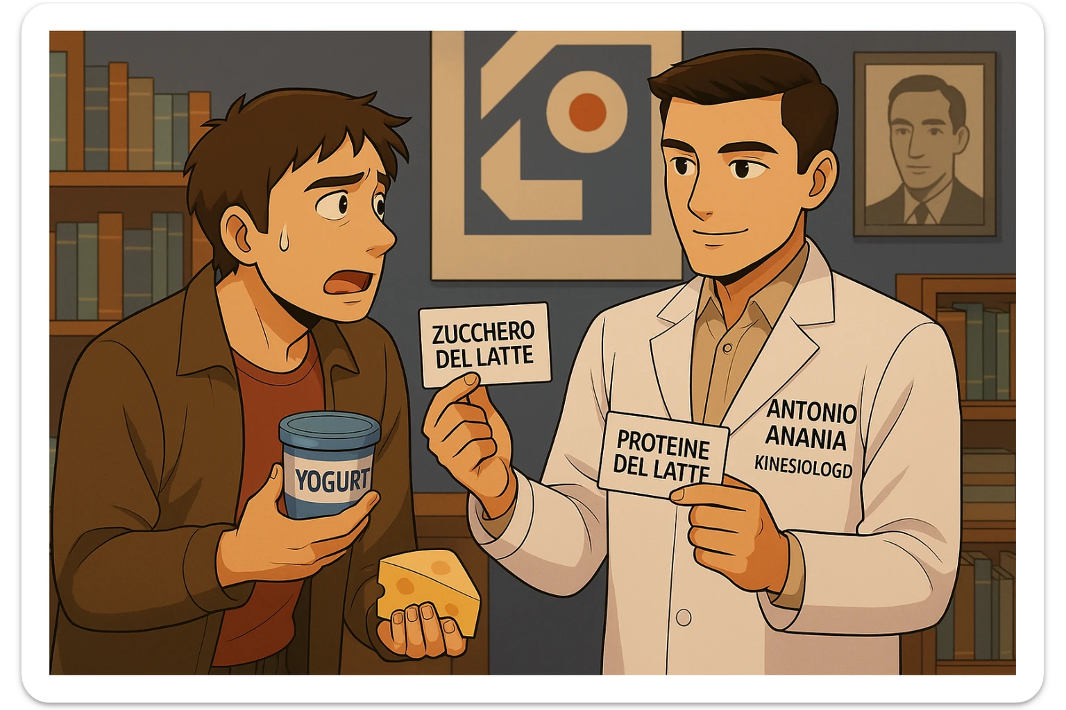 fai un webtoon manga a colori con questo stile, in cui un uomo fa una domanda al kinesiologo con il camice bianco (fagli anche la scritta "ANTONIO ANANIA" SUL CAMICE, l'uomo chiede una cosa mostrando un formaggio e uno yogurt al kinesiologo con il camice, IL KINESIOLOGO annuisce e SPIEGA ALL'UOMO UNA cos. L'UOMO ha un ESPRESSIONE CONFUSA IN VOLTO. non fare i fumetti però, fai solo in modo che sembri stiano parlando sticker