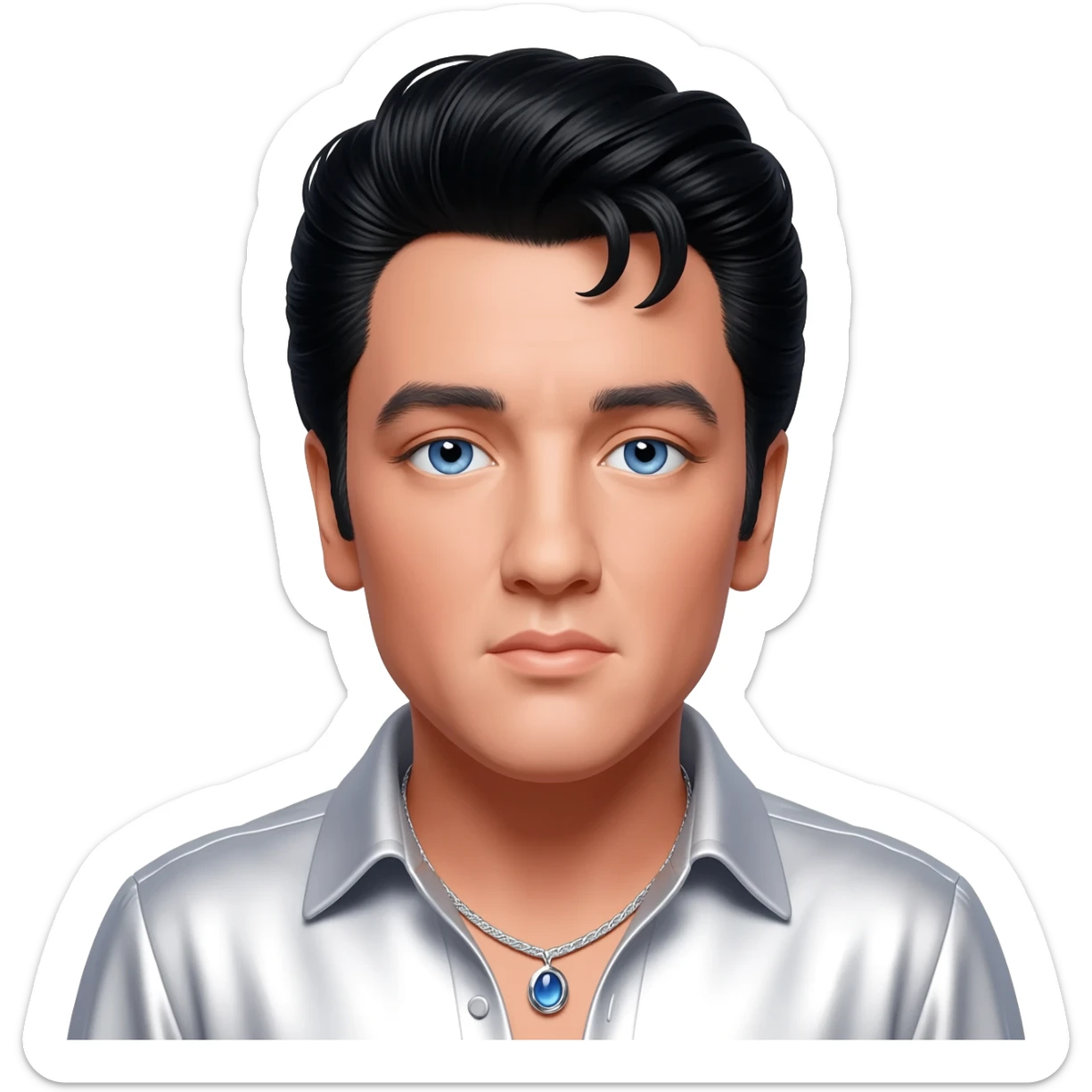 Elvis Presley with blue eyes, black hair, white metallic shirt, silver necklace sticker