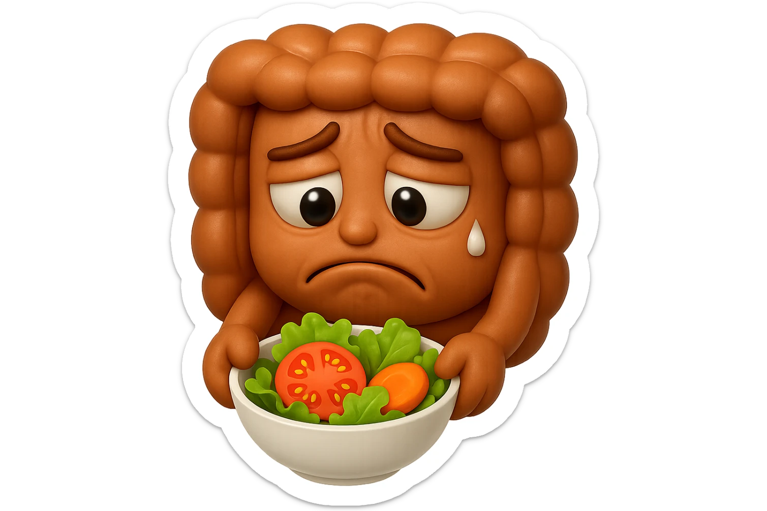 EMOJI STILE IPHONE DI UN INTESTINO UMANO ANATOMICO CHE GUARDA UN INSALATA CON ESPRESSIONE TRISTE E RASSEGNATA IN VOLTO: SOFFRE LA FAME PERCHé è A DIETA, FAGLI ANCHE LA PARTE BIANCA DEGLI OCCHI, NON SOLO LE PUPILLE, IPERREALISTICO 4K sticker