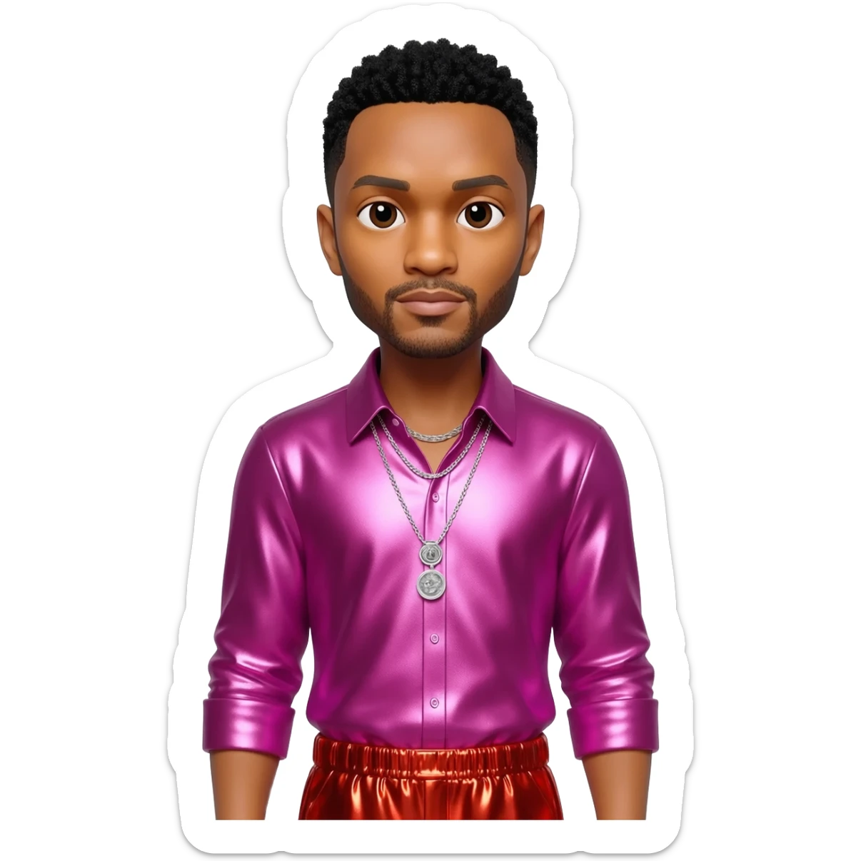 John Legend with black hair, fuchsia metallic shirt, red metallic baggy pants, silver necklace sticker