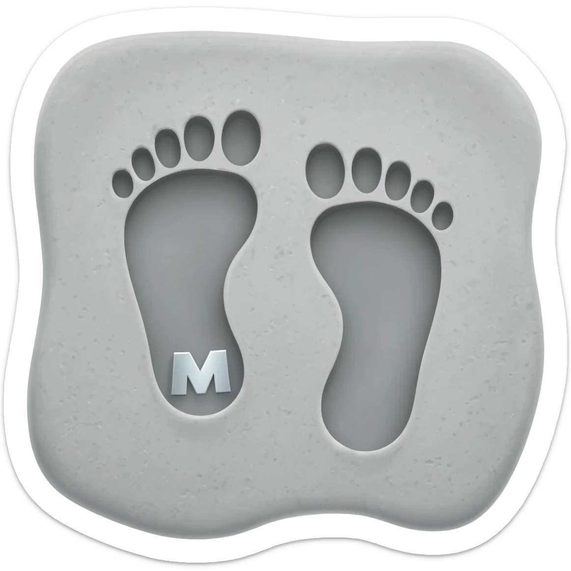 Minimalist 3D emoji: two stylized, bare footprints impressed deeply into soft, wet concrete. Textured surface. Engraved inside the heel of the leading footprint is a small, sharp chrome geometric 'M'. Isometric view, isolated on white --no background sticker