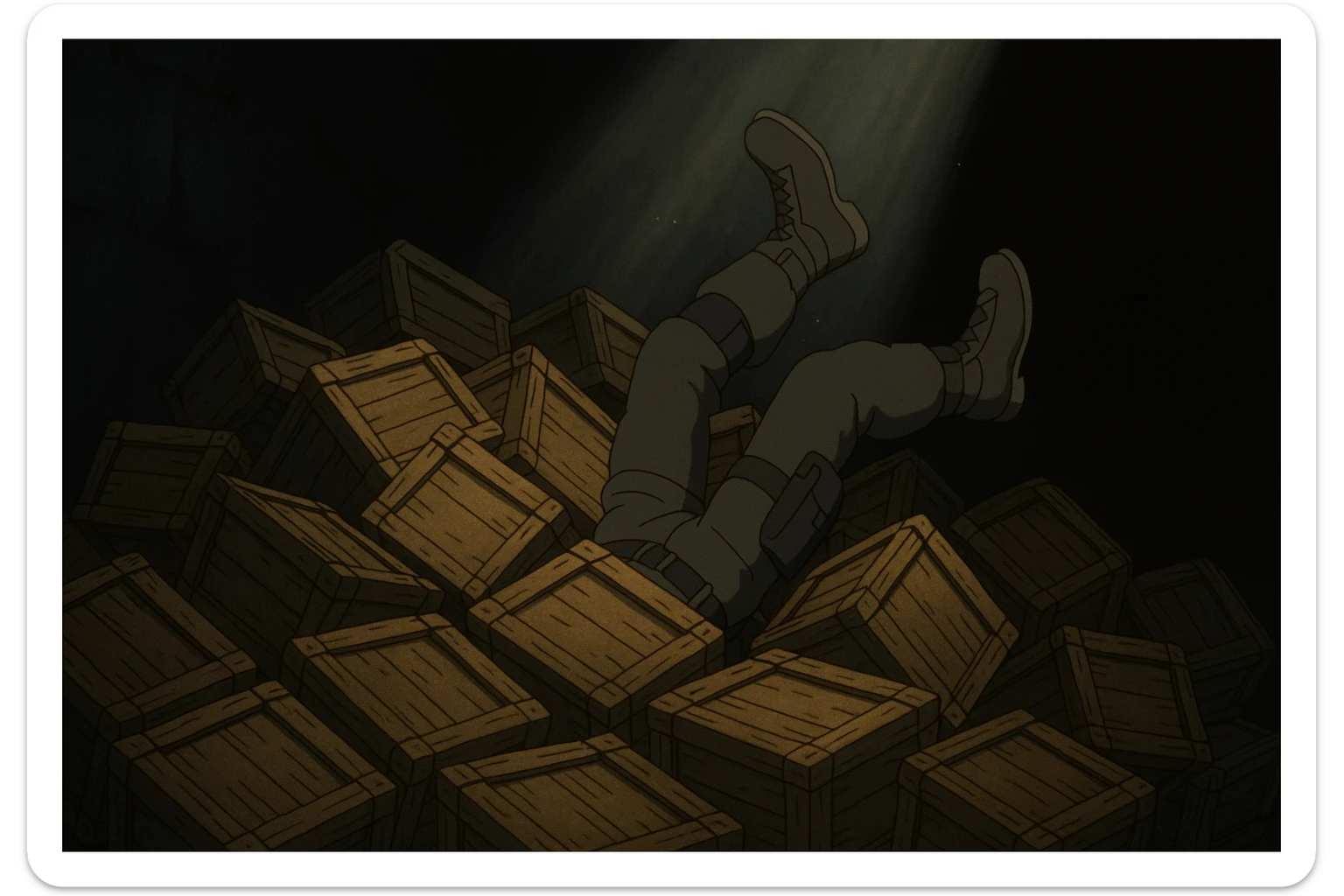 A pile of small oblong crates hidden in a dark area with a beam of light shining from above, with someone’s boots sticking out like they dove in, tactical gear clothing  sticker