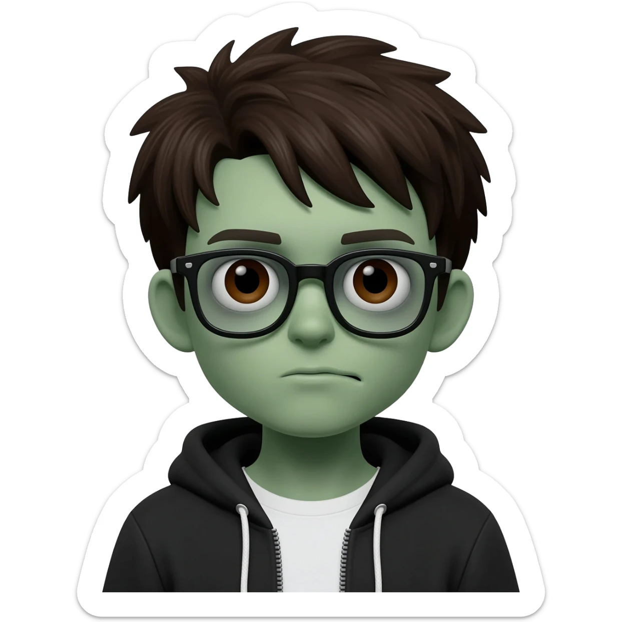 zombie boy with white tshirt and black brownish hair and with black glasses frames on hair is texturized young boy and round face more green face and dark brown eyes black y2k hoodie with the white t-shirt under it sticker