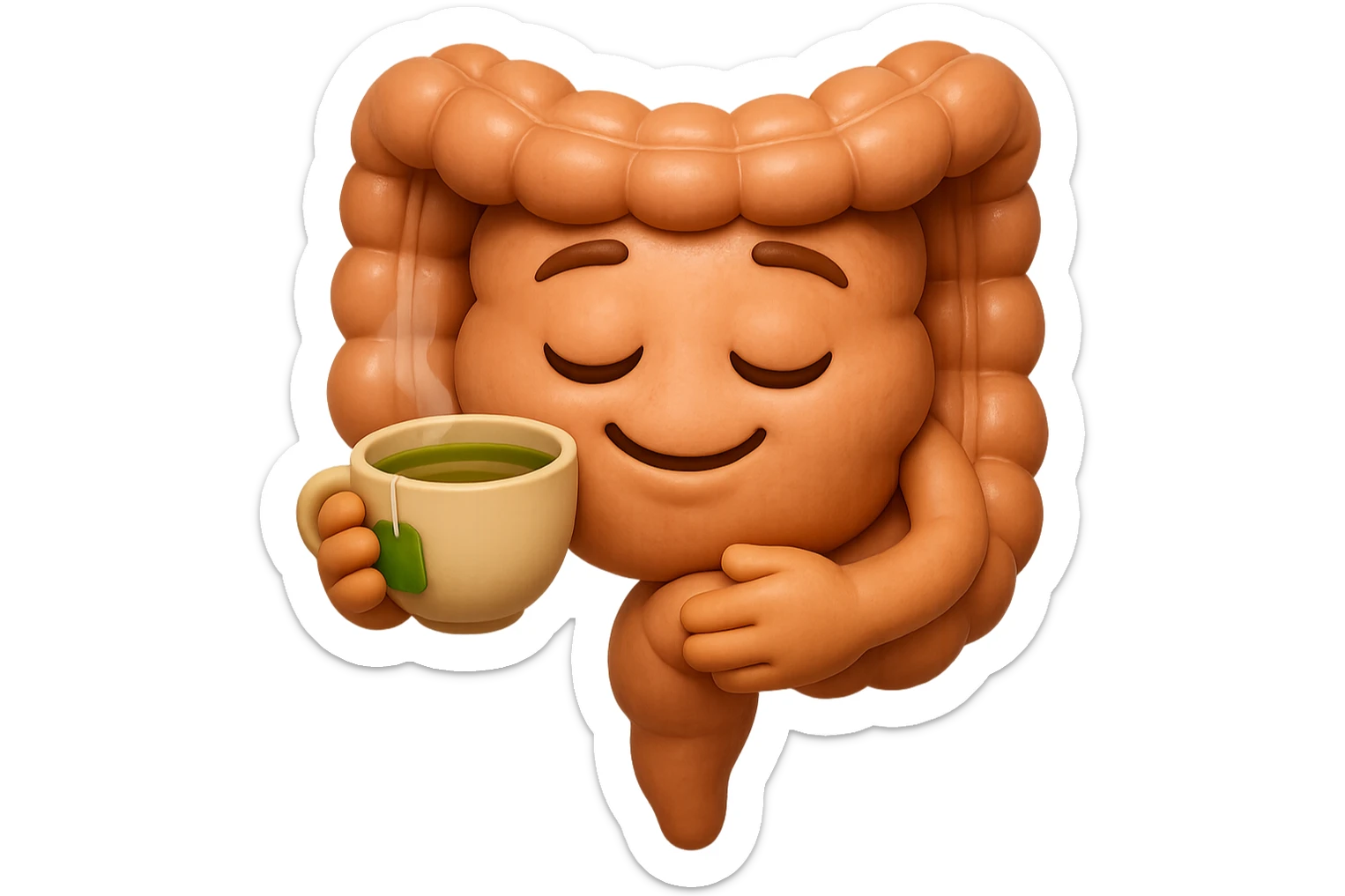 emoji stile iphone 3d di intestino umano sereno che si tocca la pancia mentre sorseggia un thè alle erbe, iperrealistico 4k sticker