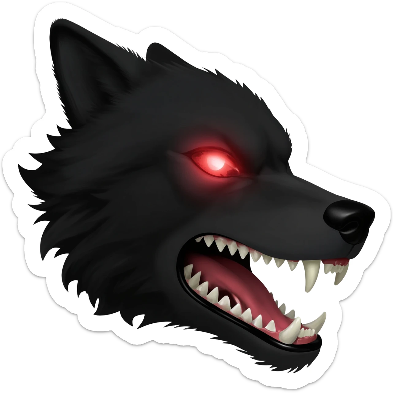 Angry  black wolf with visible red eye only face and small sticker