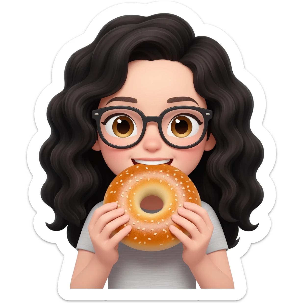 white girl, black wavy hair, glasses, eat bagel sticker