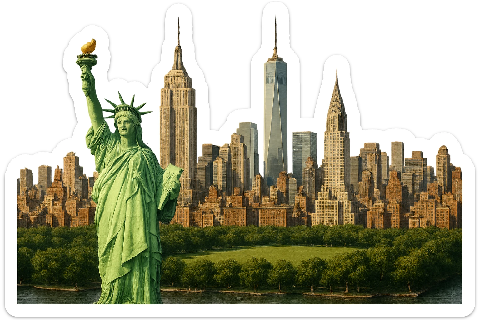 cinematic realistic emoji of New York City wide city view with iconic landmarks Statue of Liberty Empire State Building One World Trade Center Chrysler Building Central Park lifelike detail accurate colors bright daytime lighting no sky no clouds no city name label sticker