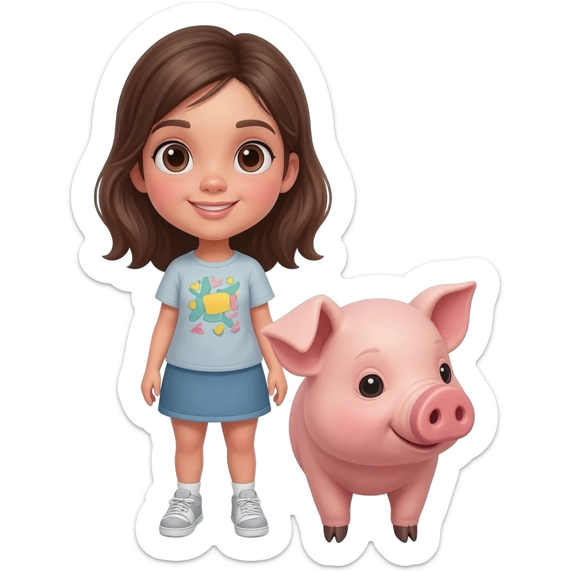 Girl brunette with a little pig sticker
