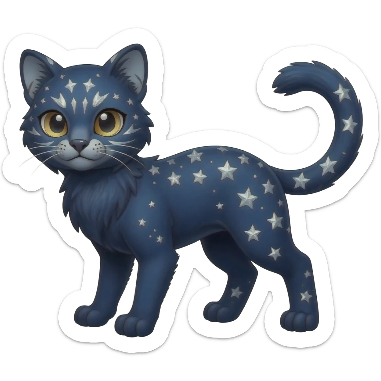 Cute kawaii cool edgy badass  glossy midnight-blue fur with silver starlight dusting fantasy-caracal-civet-genet-sergal-vernid-Gryphon-Cacomistle-Trico-oncilla-animal-Fakémon-hybrid-fursona (full body), facial markings, (realism style) sticker