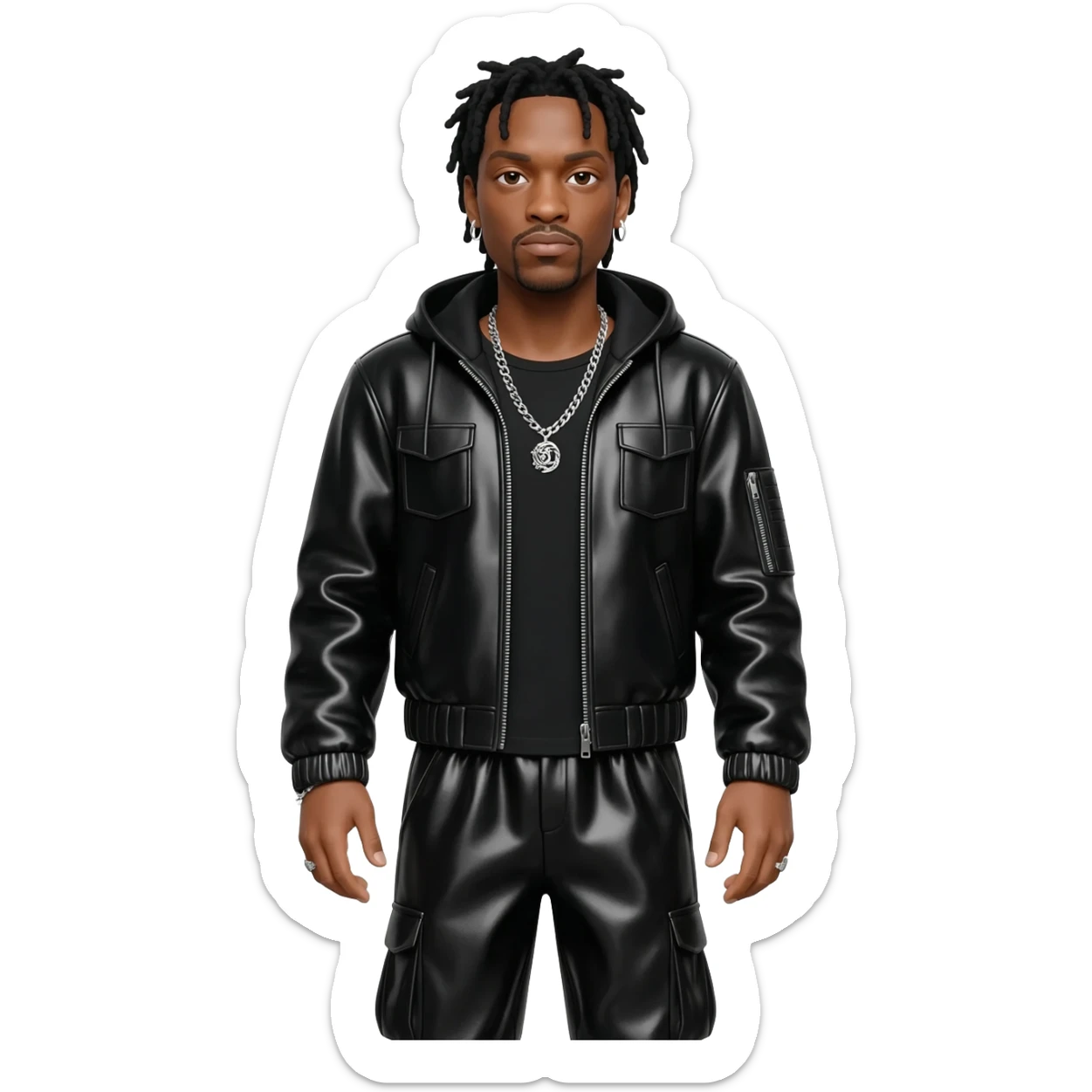 Timbaland with black hair, black metallic t-shirt, black metallic jacket, black metallic baggy pants, silver necklace sticker