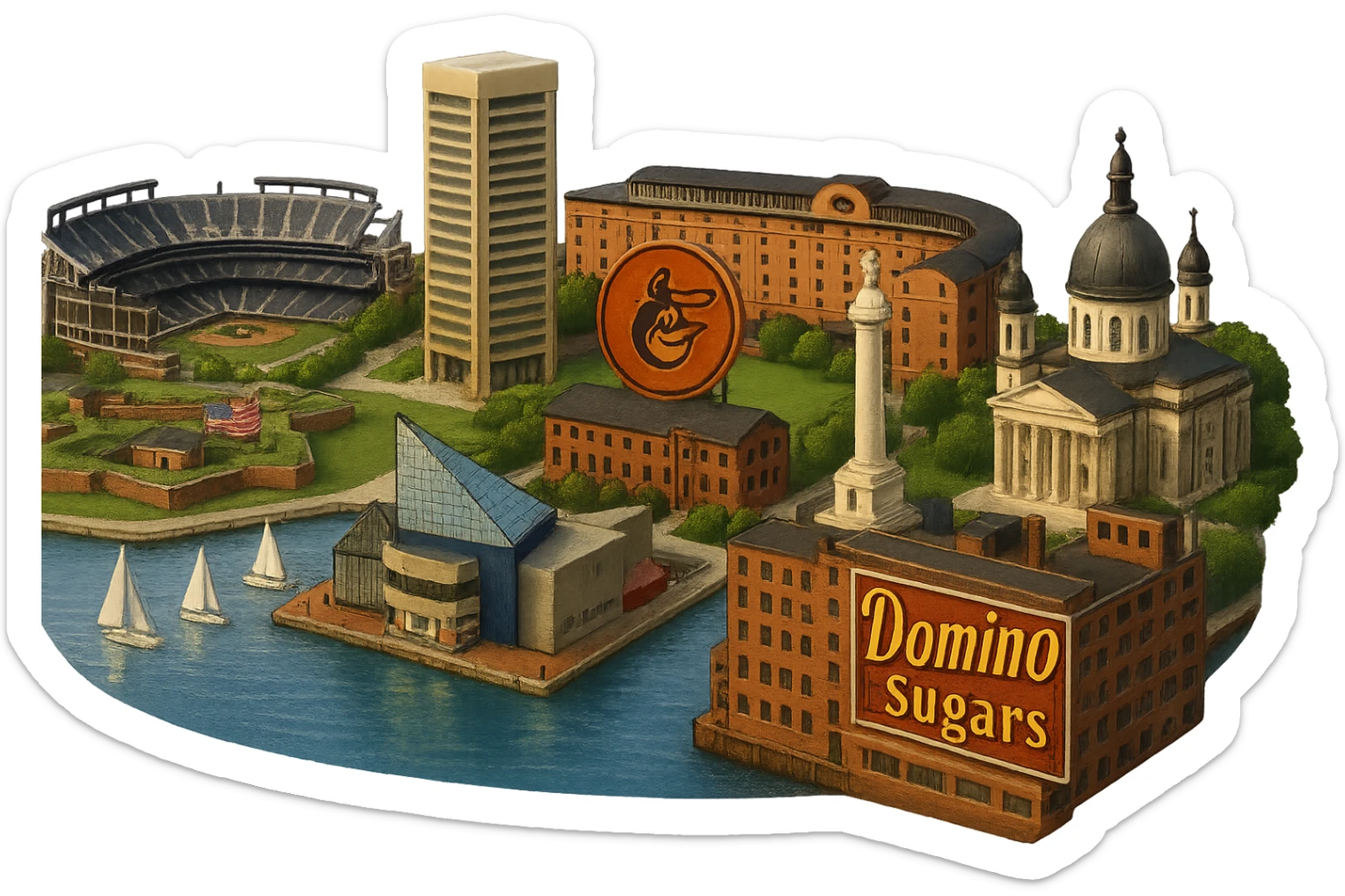 cinematic realistic emoji of Baltimore, wide city view with iconic landmarks: Inner Harbor, National Aquarium, Fort McHenry, Oriole Park at Camden Yards, M&T Bank Stadium, Baltimore Basilica, Washington Monument (Baltimore), and the Domino Sugars sign. Lifelike detail, accurate colors, bright daytime lighting, no sky, no clouds, no city name label, transparent background sticker