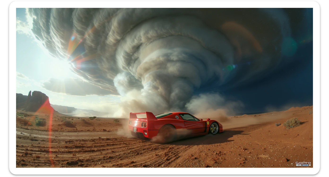 Cinematic still of a ferrari f40 around tornado od arizona desert, sun flare, big earth in background, captured by gopro hero with effect fisheye sticker