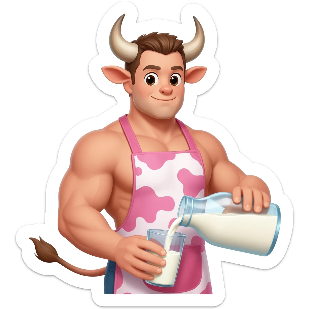 extra large muscular handsome man in the collar with bull horns and and bull ears bull tail dressed in cute apron with pink cow print pouring milk from a glass sticker