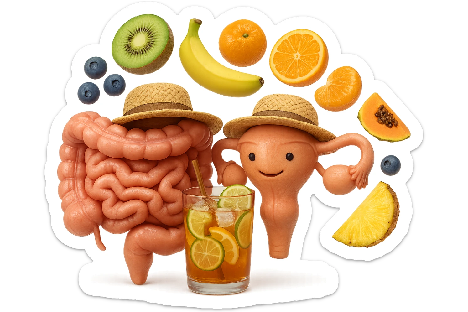 EMOJI STILE IPHONE DI INTESTINO E UTERO UMANI REALISTICI CON CAPPELLO DI PAGLIA DA SPIAGGIA CHE BEVE UN Tè FREDDO IN BICCHIERE DI VETRO CON DENTRO  fette di cetriolo, limone, lime, DIETRO L'INTESTINO FLUTTUANO PEZZETTI DI Kiwi
Banana acerba
Arance e mandarini
Mirtilli
Ananas
Papaya
IPERREALISTICO 4K sticker