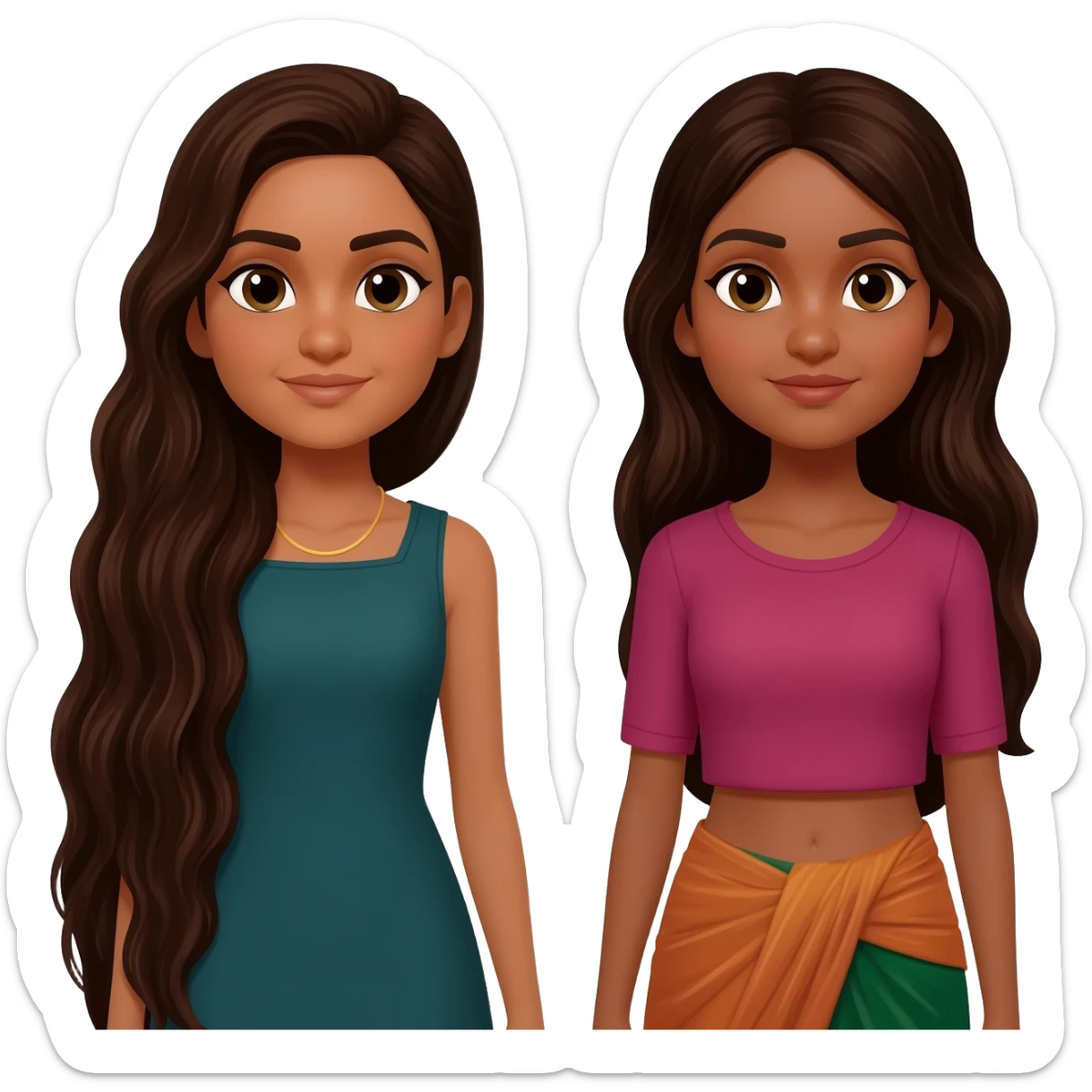 two identical friends with the emoji style. One has super long dark brown hair that goes to waist, one has long hair that is also dark brown. They both have Indian skin sticker