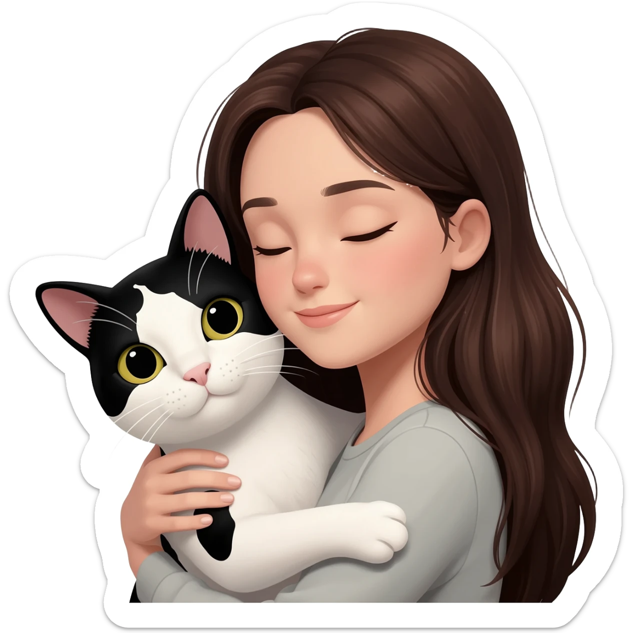 A young woman with long dark brown hair, hugging a black and white cow-patterned cat, 3D emoji style, white background. sticker