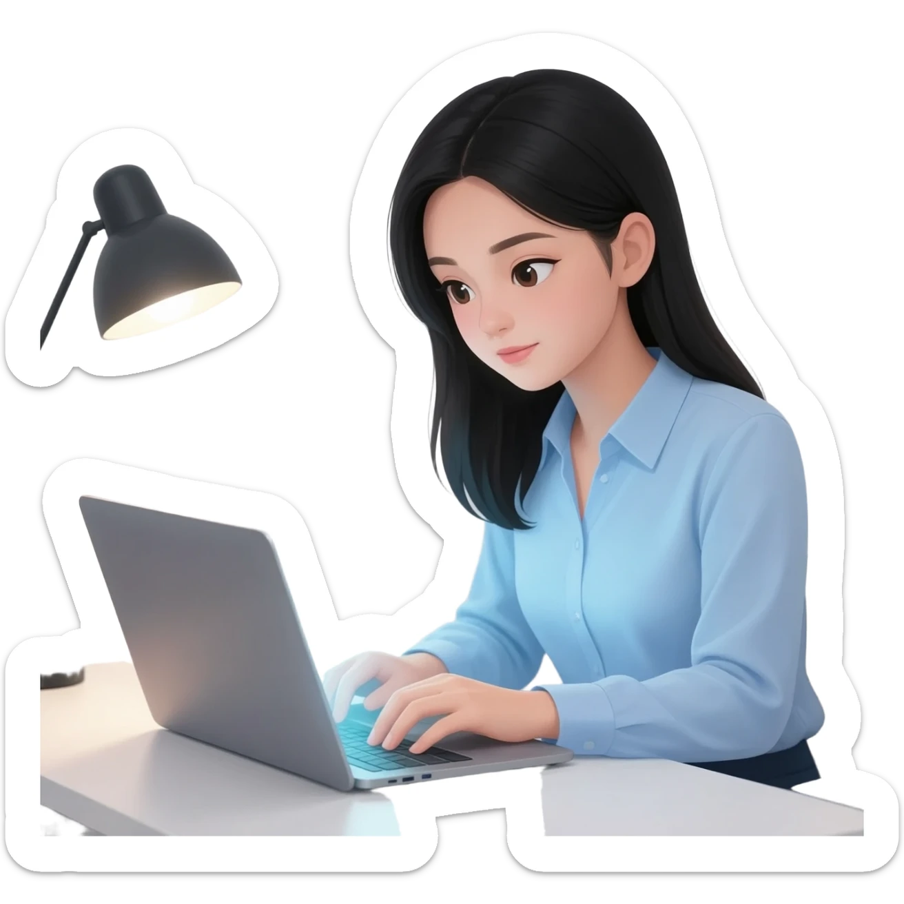 chica pelinegra, con partido de lado y con una computadora sticker