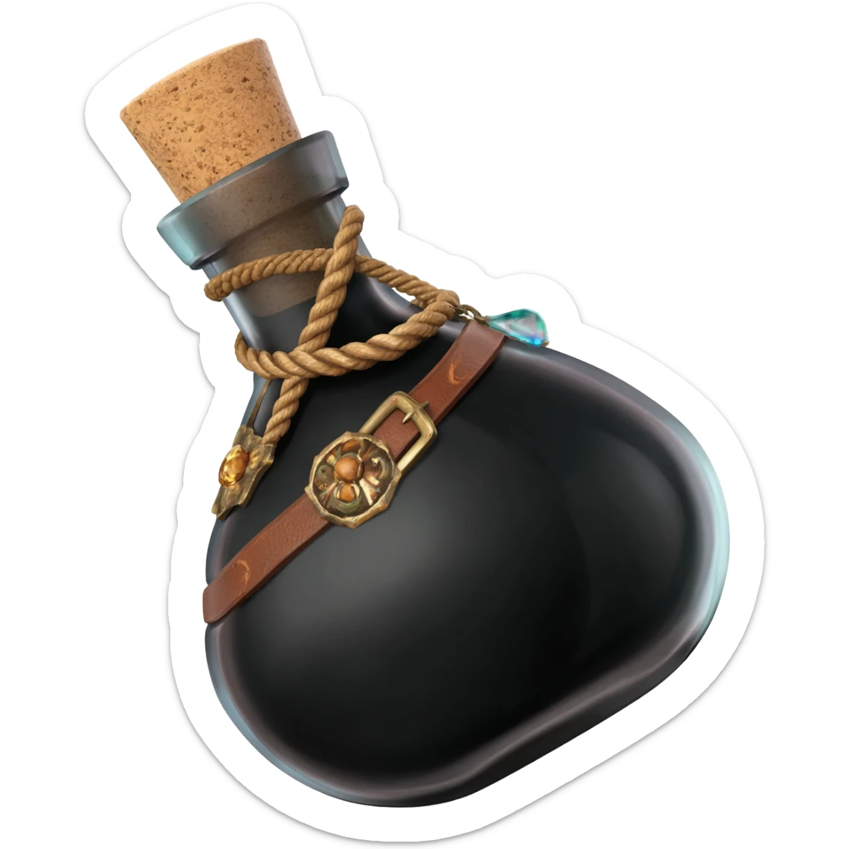 a black potion bottle a little rotated with a cork and decorations on the bottle like ropes and belts and random stuff sticker