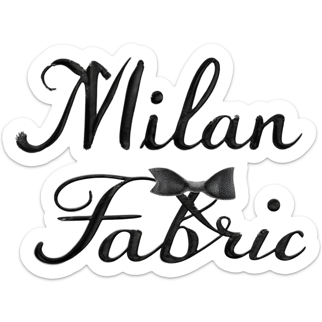 black logo in cursive with the name milan fabric kind of texturue and a black little bow ribbon the letter n sticker
