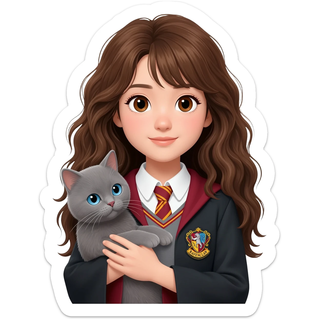 Asian girl with long messy wavy brown hair and brown eyes wearing "Ravenclaw" uniform, holding a gray cat with blue eyes in hands sticker