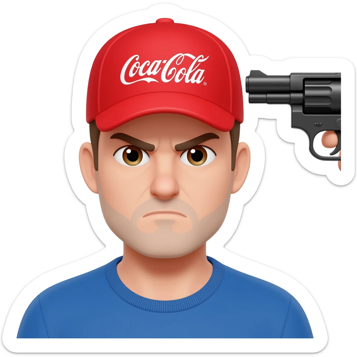 grumpy coca-cola emoji with a cap with a gun pointing to his head sticker