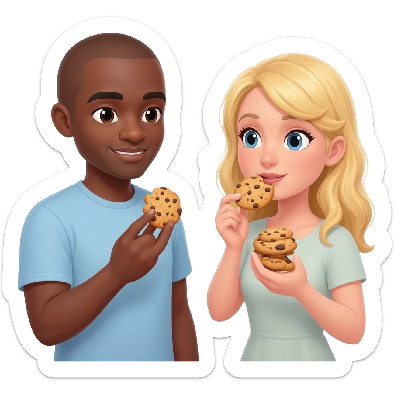 Black man with shaved head eating cookies with blonde woman sticker