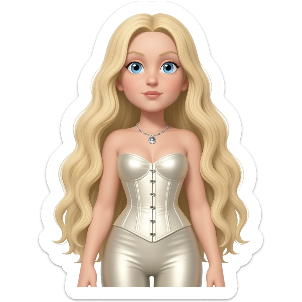 Madonna with blue eyes, long blonde hair, ivory metallic corset, ivory metallic leggings, silver necklace sticker