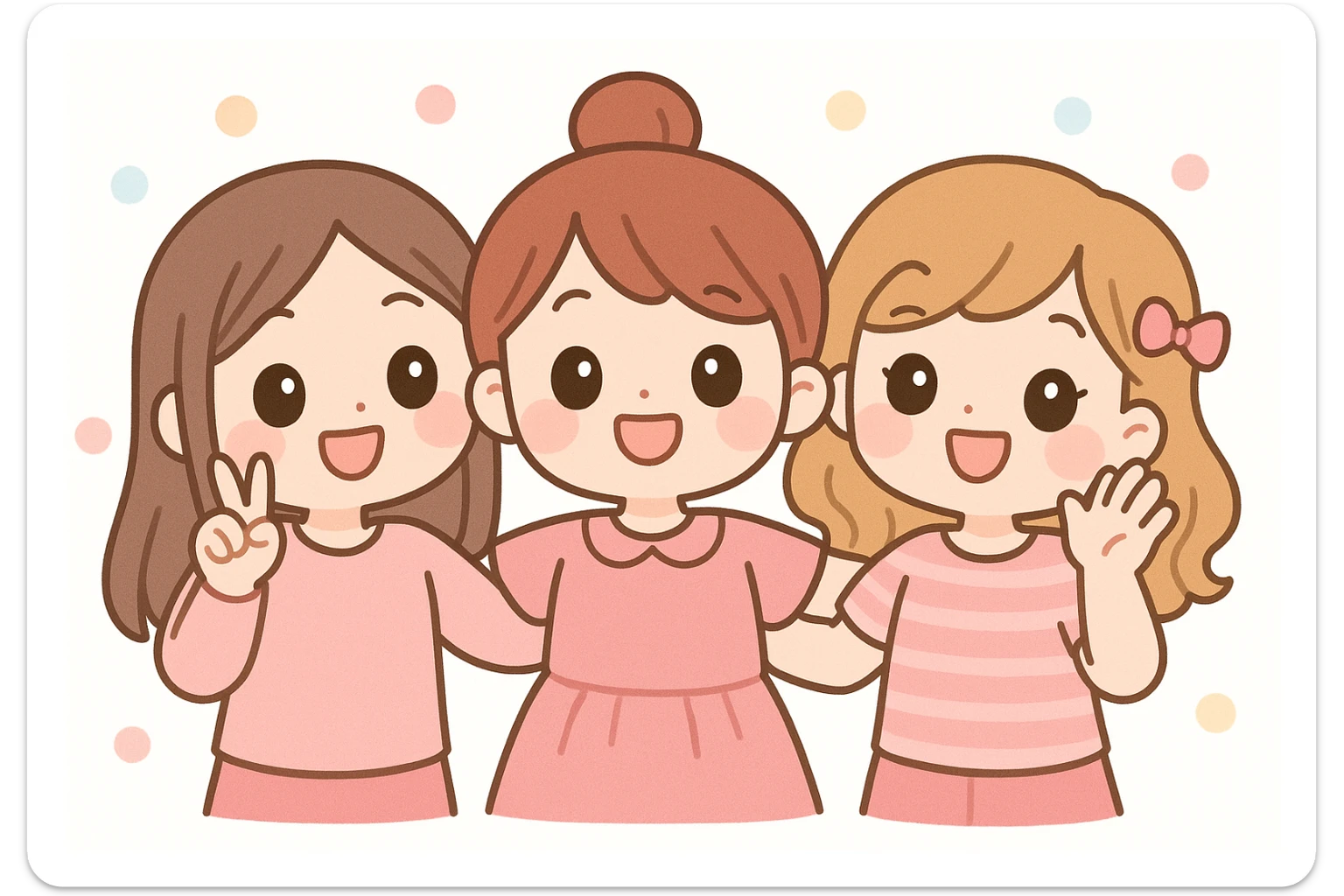 three girl best friends, cute cartoon style, upper body only, pink outfits, big smiles, playful mood sticker