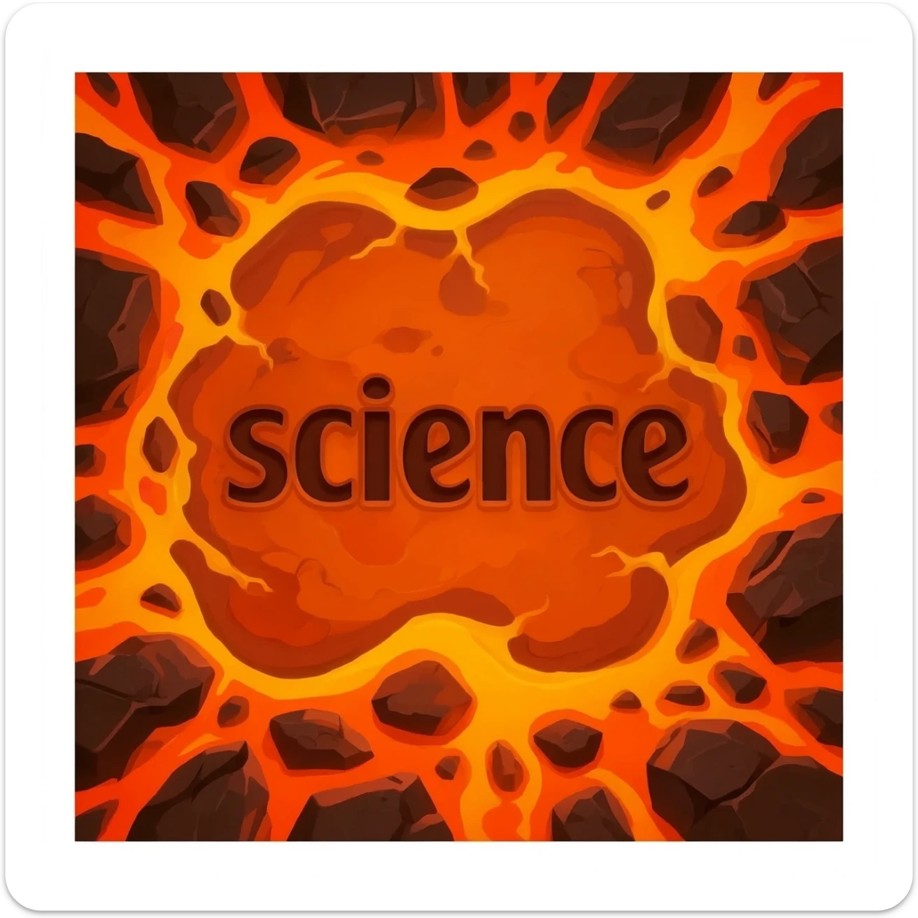 a orange burning planet that has "science" written on it in black letters in a realistic style sticker