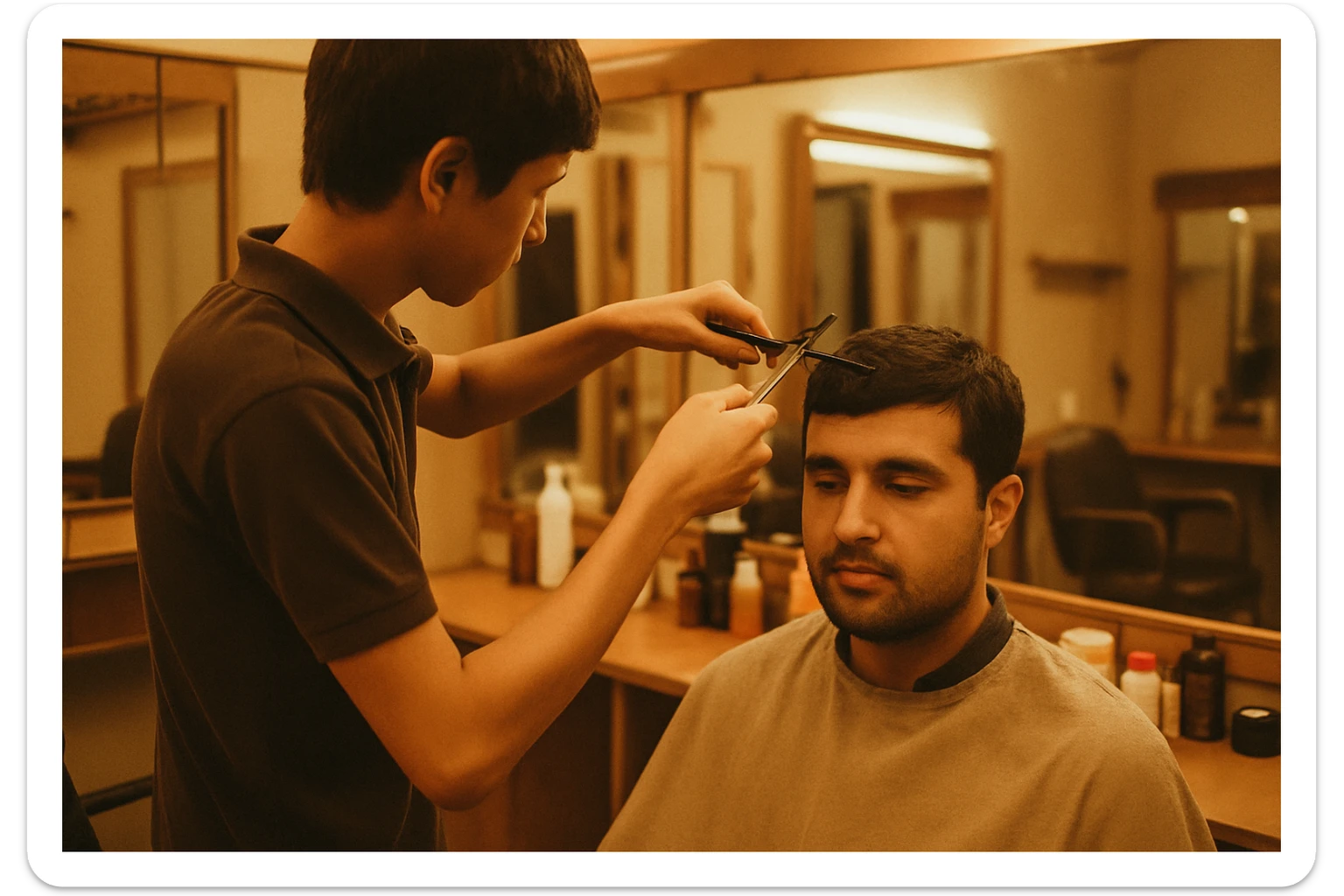 yuzi ko'rinmasin sartaroshxonada ishlayotganini tasvirlab ber mijozlarni sochini olayotganini o'smirin davrini sticker