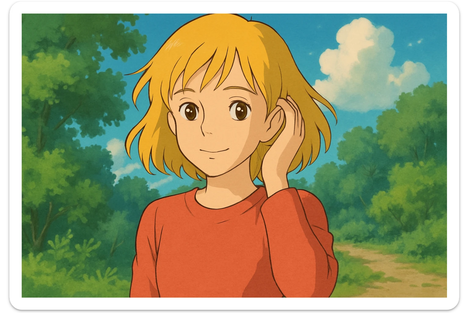 A girl yellow hair brown eyes red Just Cool Women's Long Sleeve Cool T-Shirt touching  to the ear sticker