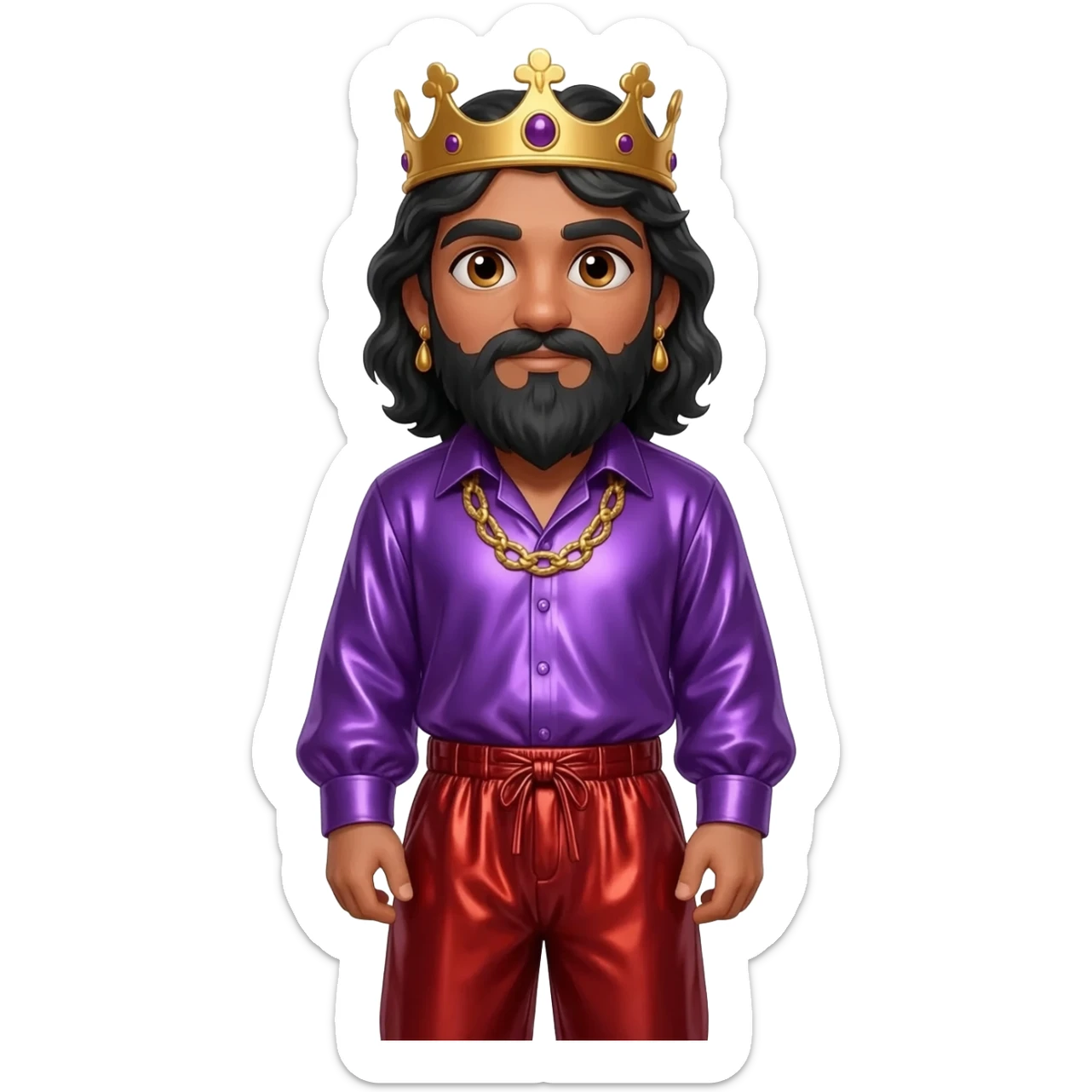 King Solomon with hazel eyes, long black hair, royal purple metallic shirt, red metallic baggy pants, gold necklace and earrings sticker