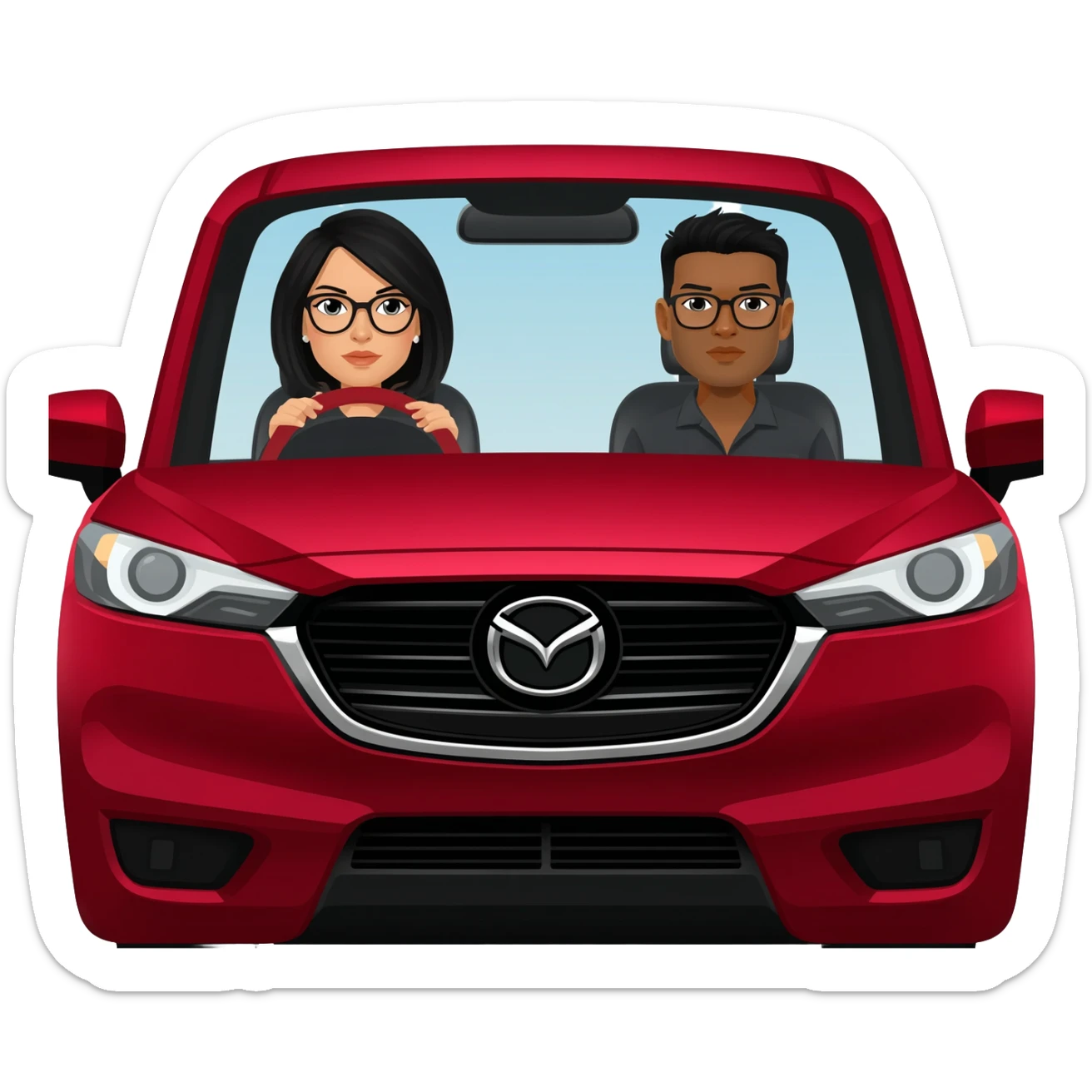 Camioneta roja mazda, con una mujer en el volante de pelo negro y lentes, y un copiloto hombre de pelo negro y lentes sticker