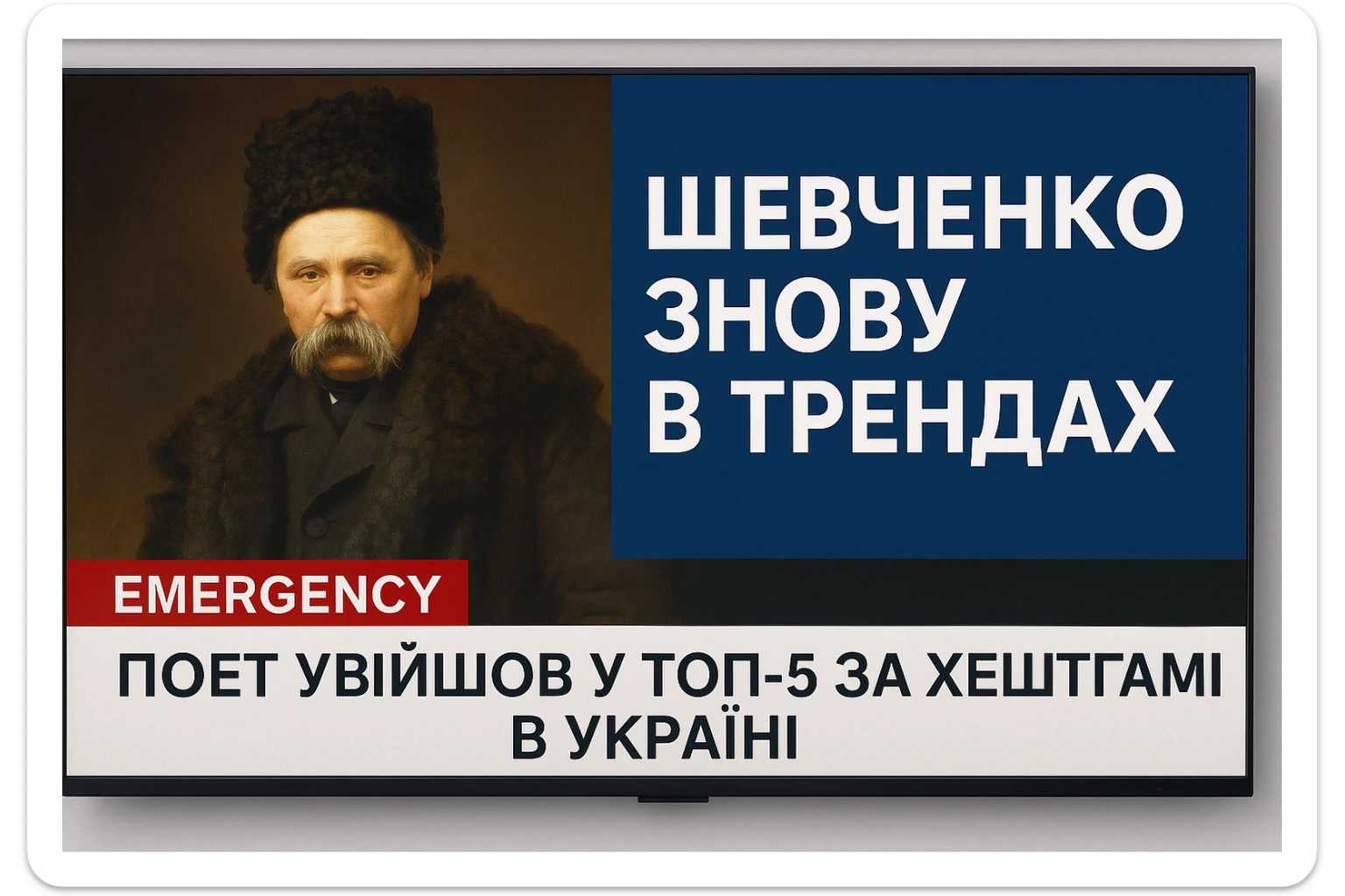 A realistic screenshot of a television news broadcast with an emergency report about Ukrainian poet Taras Shevchenko.
A downloaded image was used in the composition.
In the lower third of the screen, the headline "Шевченко знову в трендах" is displayed in large bold font,
and below it is a concise news ticker with the text "Поет увійшов у ТОП-5 за хештегами в Україні",
which provides brief updates.
The colour palette is clear and professional, with contrasting tones
characteristic of authoritative news channels.
The entire scene conveys the urgency and drama inherent in live news broadcasts. sticker