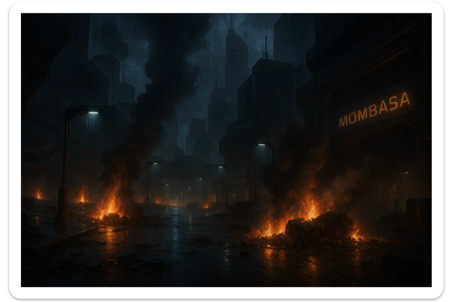 Night time streets of New Mombasa from ODST. "Mombasa Streets"  dying battle flames and smoke rise amongst pouring rain sticker