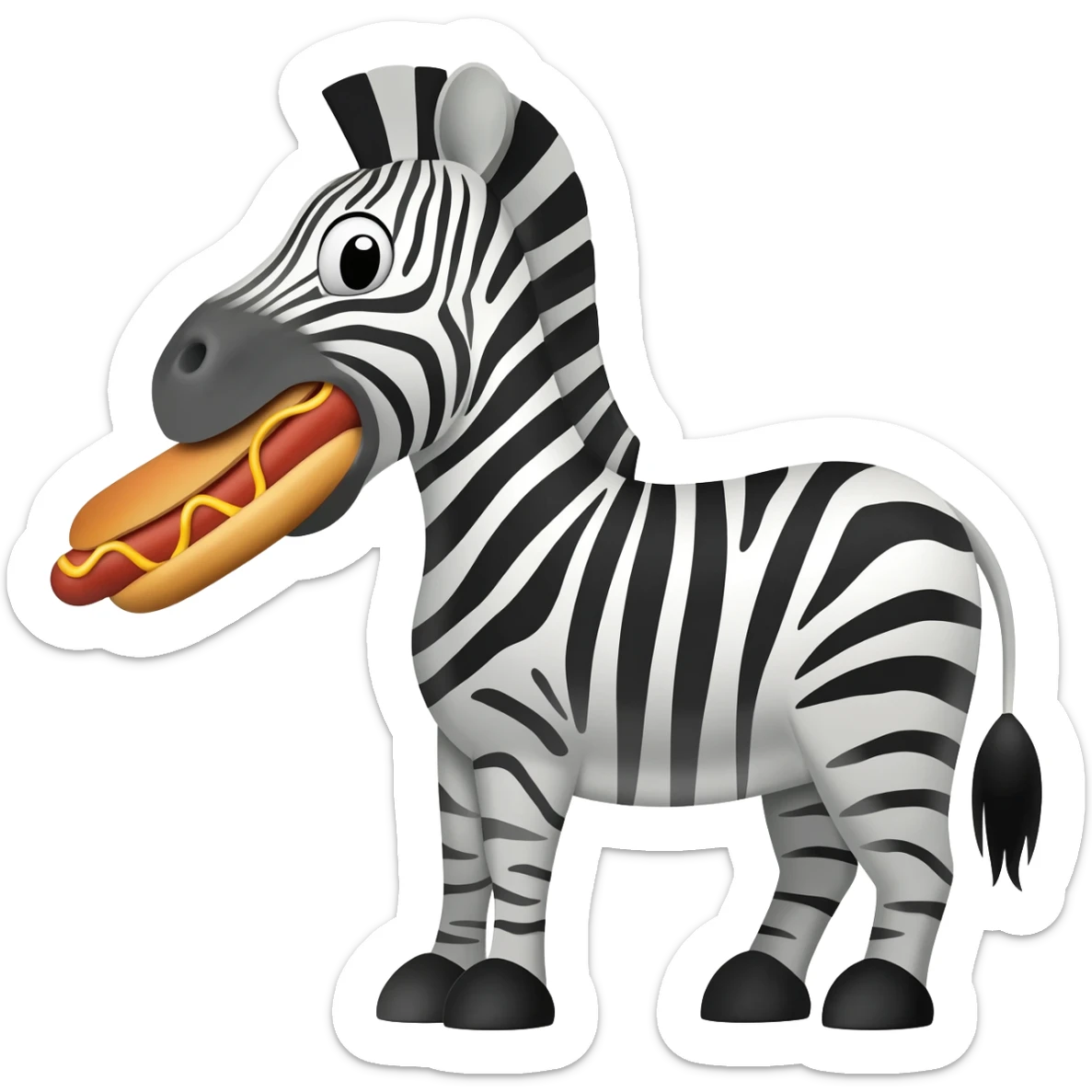 Cartoon zebra side view, holding hot dog in mouth, simple bun and sausage. sticker