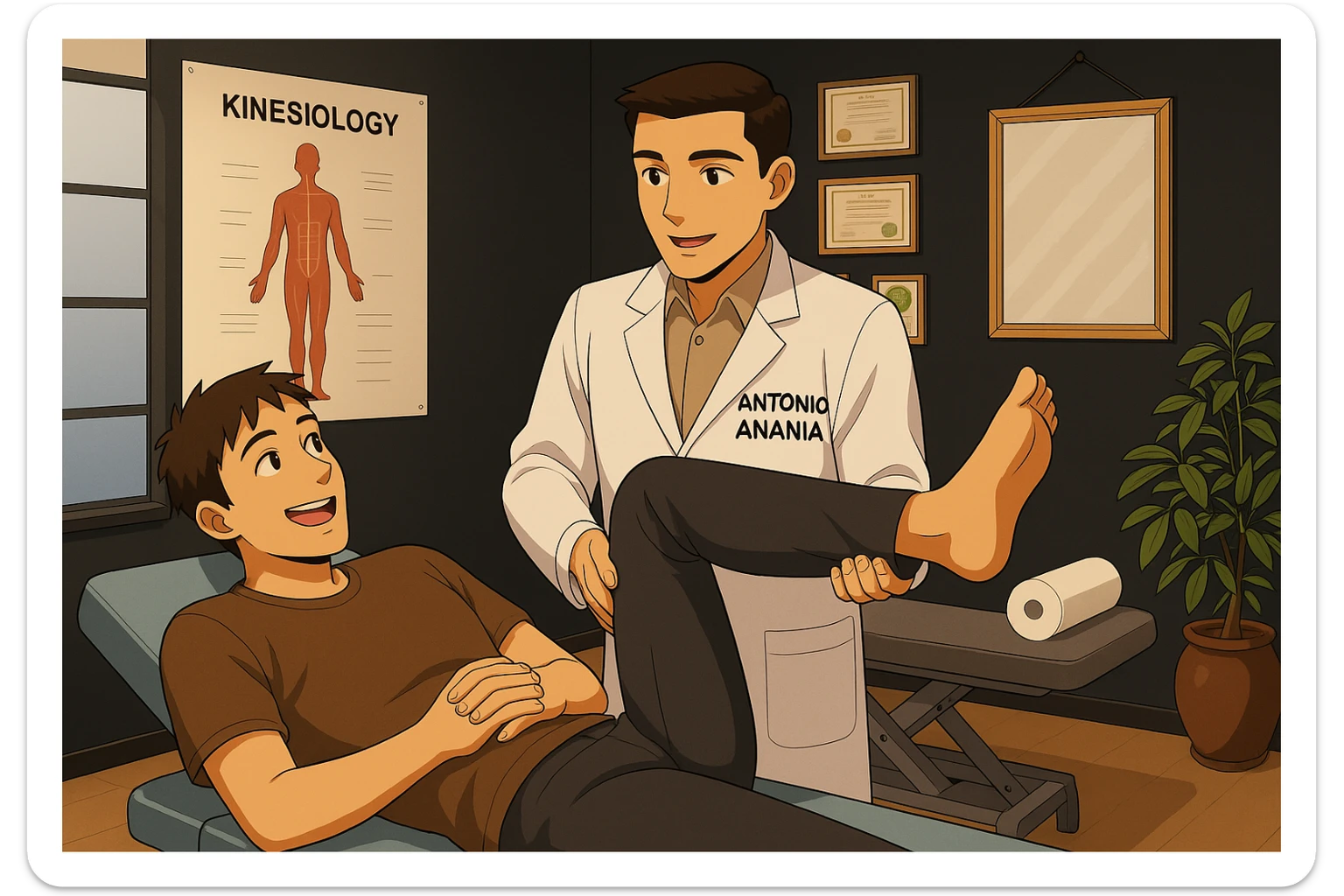 su questo lettino rappresenta un webtoon manga a colori con questo stile, in cui un uomo è steso sul lettino medico e il kinesiologo con il camice bianco (fagli anche la scritta "ANTONIO ANANIA" SUL CAMICE, gli solleva una gamba per fargli il test neuromuscolare, IL KINESIOLOGO SPIEGA ALL'UOMO UNA cosa mentre gli alza la gamba. l'espressione dell'uomo è felice e soddisfatta, non fare i fumetti però, fai solo in modo che sembri stiano parlando sticker