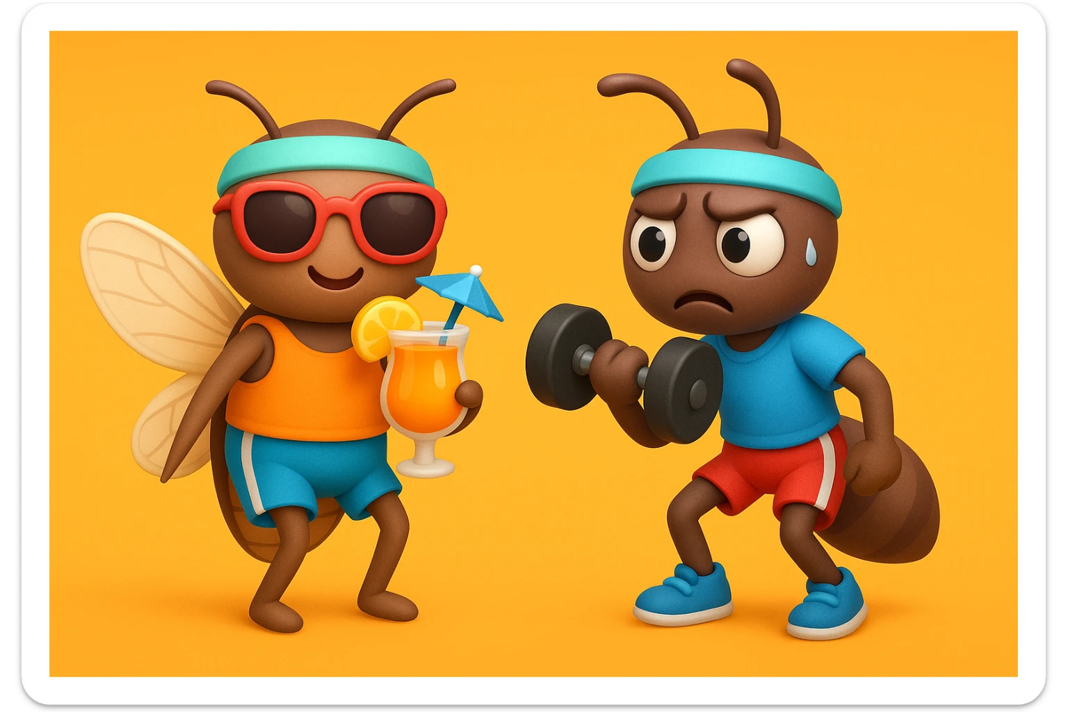 EMOJI STILE IPHONE 3D DI UNA CICALA E UNA FORMICA IN ABITI FITNESS, LA CICALA HA IN MANO UN COCKTAIL MENTRE LA FORMICA HA IN MANO UN MANUBRIO DA PALESTRA. L'IMMAGINE RAPPRESENTA IL FATTO CHE LA FORMICA VOGLIA IMPEGNARSI REALMENTE PER CAMBIARE IL SUO FISICO MENTRE LA CICALA SI VUOLE DIVERTIRE E NON CONCLUDE NULLA ALLA FINE sticker