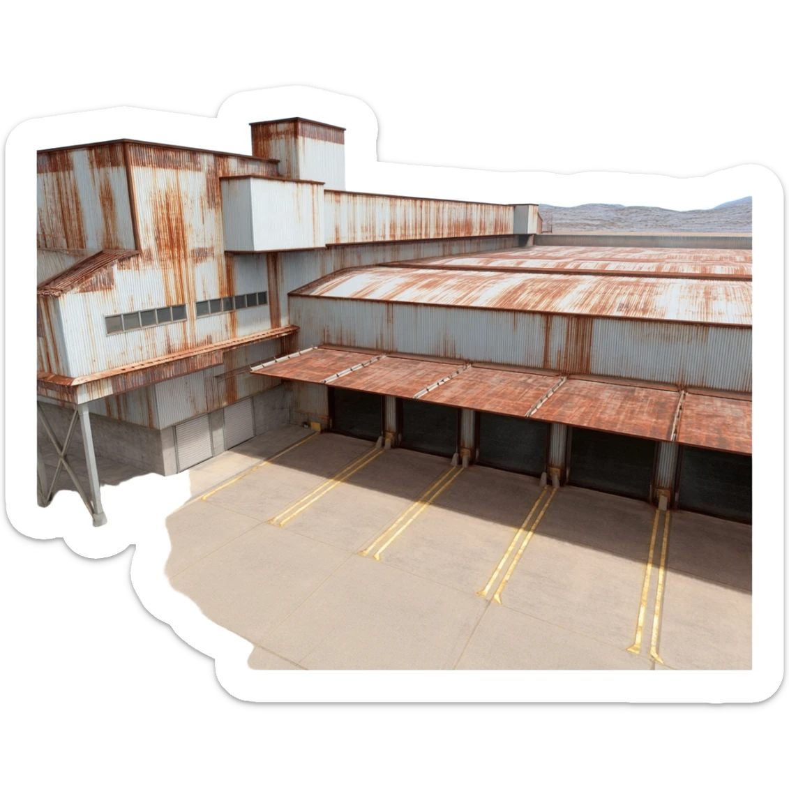 a industrial building from an overhead view in a foreign country in the style of dark realism sticker