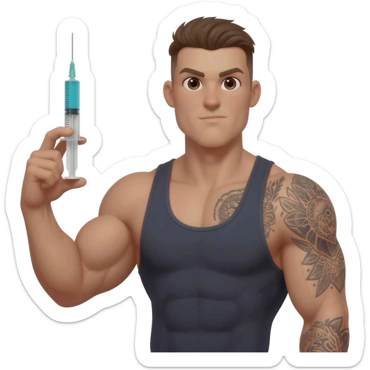 A body builder holding an injection in his hand sticker