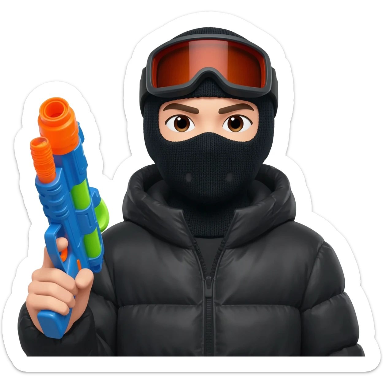 YN with a water gun. He should be in a ski mask, black puffer sticker