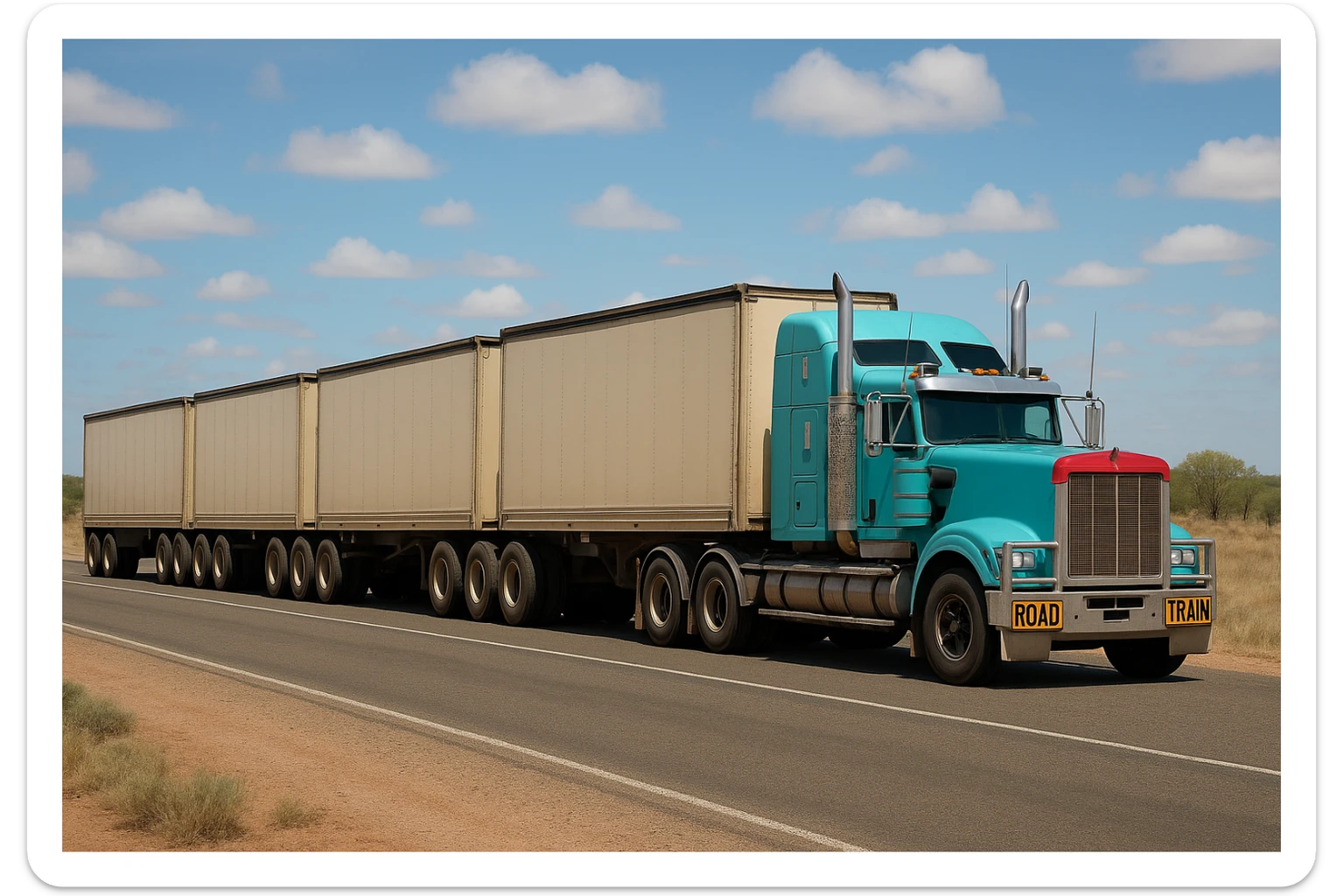 A road train: a semi truck with four trailers, the truck is cyan with a red bug shield, shown from a side angle. sticker