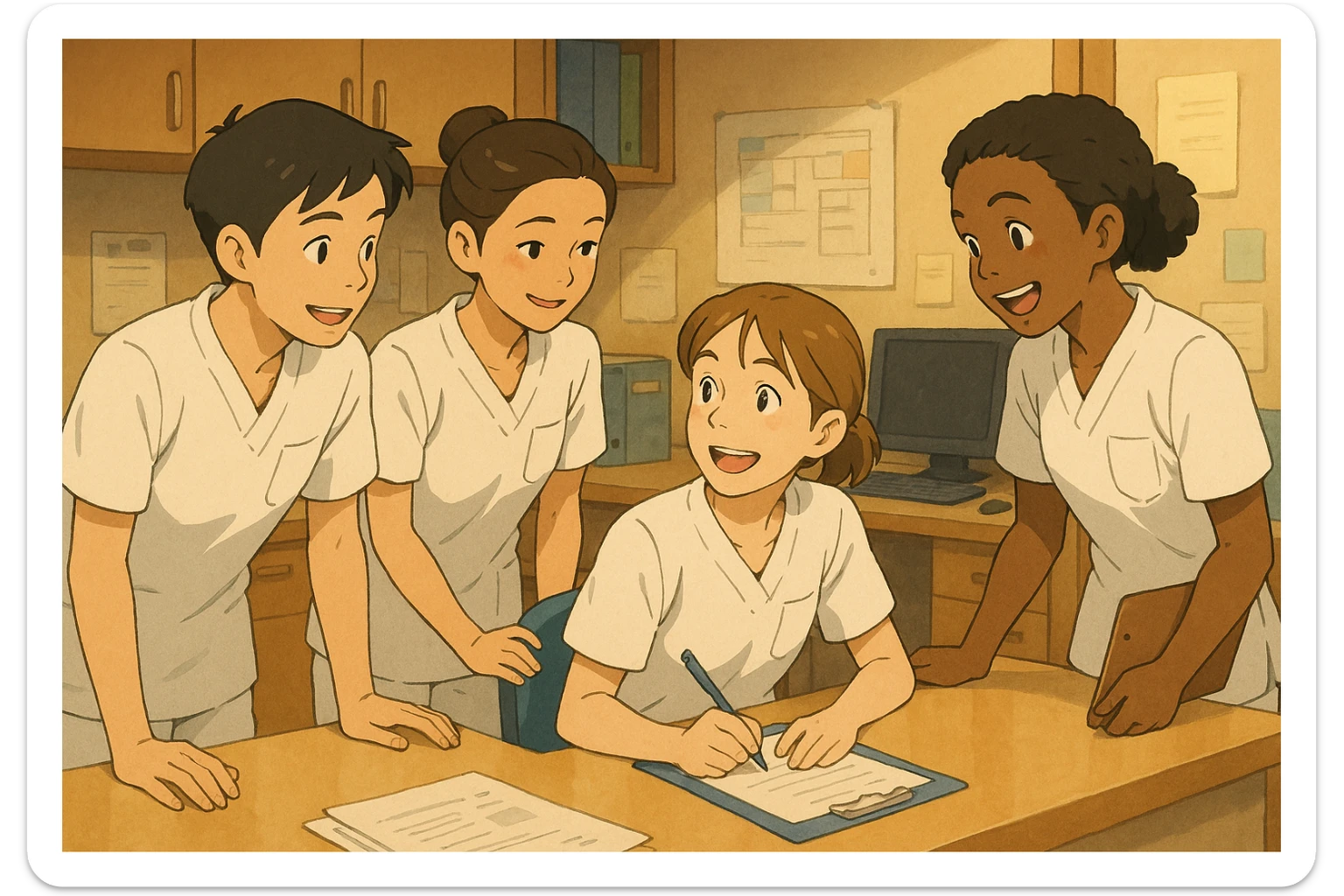 quatre étudiants infirmiers inspirés des photos, en pleine collaboration et interaction dans un poste de soin, ambiance d'équipe chaleureuse, style Ghibli, uniformes blancs à manches courtes, tuniques médicales col en V, poche poitrine côté gauche, pas de pied de col, pas de stéthoscopes, pas de tissus sous les manches, scène dynamique, équipe soudée sticker
